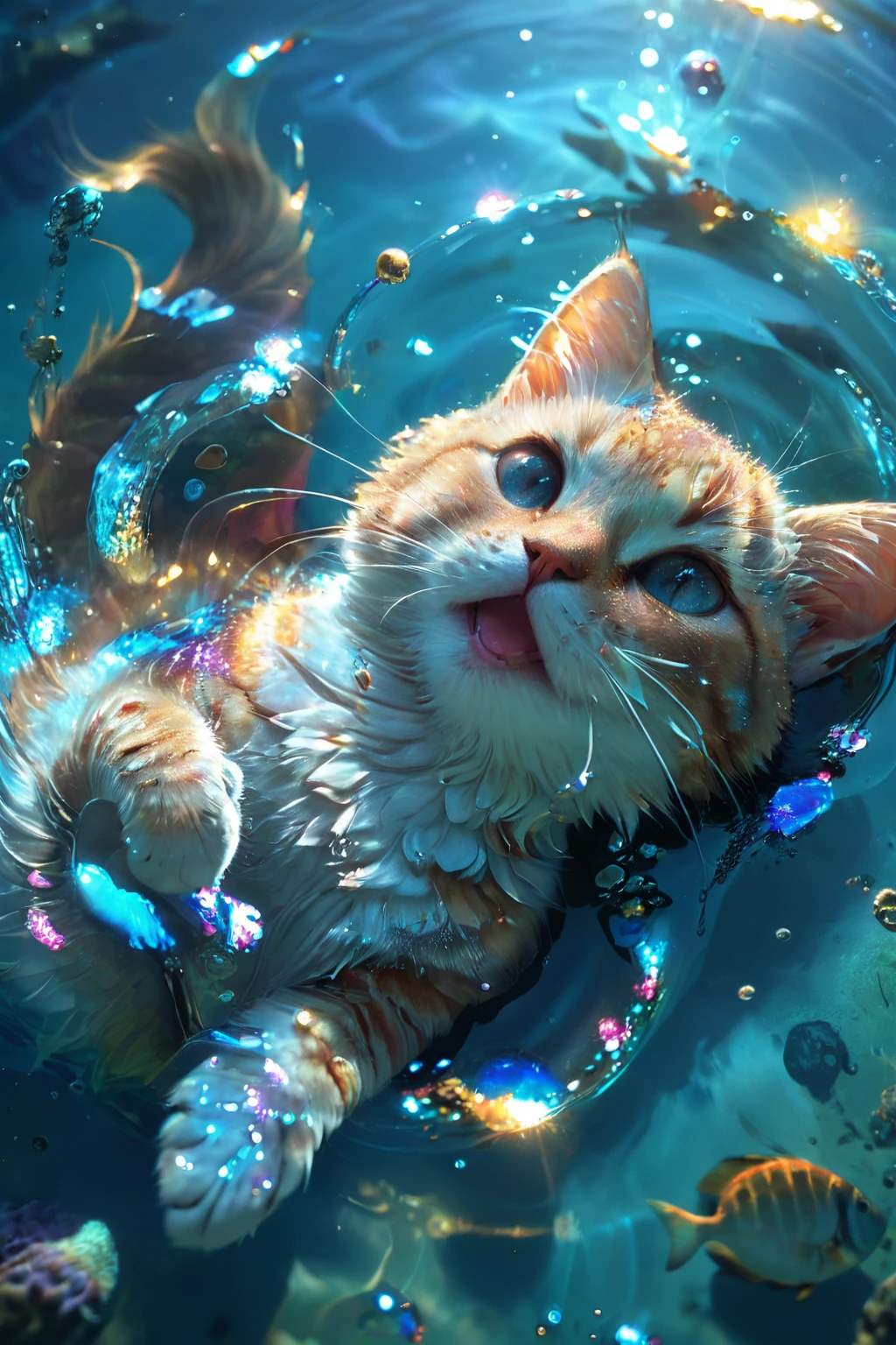 breathtaking <lora:CatSaviorXL:0.9>,
CatSavior,no humans,animal,closed eyes,scales,water,underwater,animal focus,whiskers,fish,bubble,cat,swimming,air bubble,fish tail,light particles,shiny,
(light particles:1.3),(glowing:1.2),(shiny:1.2),(shone:1.1),beautiful detailed eyes,<lora:xl_more_art-full_v1:0.5>,, best quality , masterpiece, illustration, an extremely delicate and beautiful, extremely detailed ,CG,unity,8k wallpaper, Amazing, finely detail, masterpiece, best quality,official art,extremely detailed CG unity 8k wallpaper,absurdres, incredibly absurdres, huge filesize , ultra-detailed, highres, extremely detailed,beautiful detailed girl, extremely detailed eyes and face, beautiful detailed eyes,light on face, . award-winning, professional, highly detailed