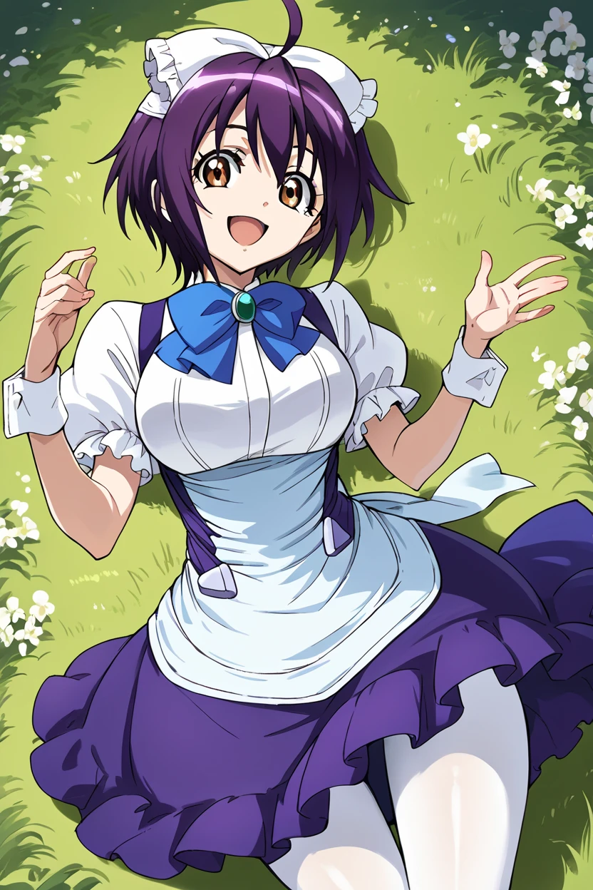 score_9, score_8_up, score_7_up, source_anime BREAK 1girl, solo, crossange_momoka, cowboy shot, maid, hair bow, apron, blue bow tie, purple skirt, puffy short sleeves, wrist cuffs, white pantyhose, purple hair, short hair, ahoge, bangs, brown eyes, looking at you, smile, open mouth, grass field <lora:crossange_momoka:1>