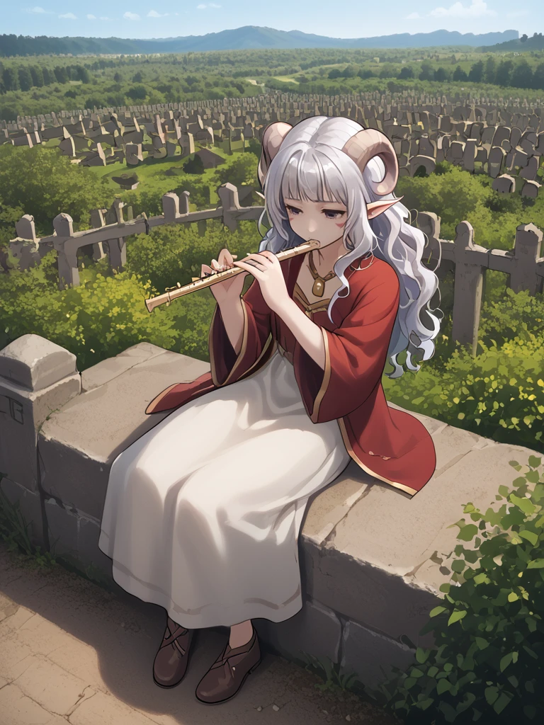 source_furry, score_7_up, rating_safe, sitting, <lora:Graveyard:1>graveyard:1.5, day, 
anime face,<lora:whisker_markings:0.8>red whisker_markings, silver long wavy hair,  bell necklace, short pointy ears, purple eyes, <lora:age_slider_v4:0.6>
<lora:Smooth Style 2 SDXL_LoRA_Pony Diffusion V6 XL:0.3> full body,  sad,  close up:1.3 ,<lora:flute:0.8> flute:1.3, holding instrument:1.3,
<lora:Test_Diana:0.8> tiefling_bard_diana,   from above:1.2,