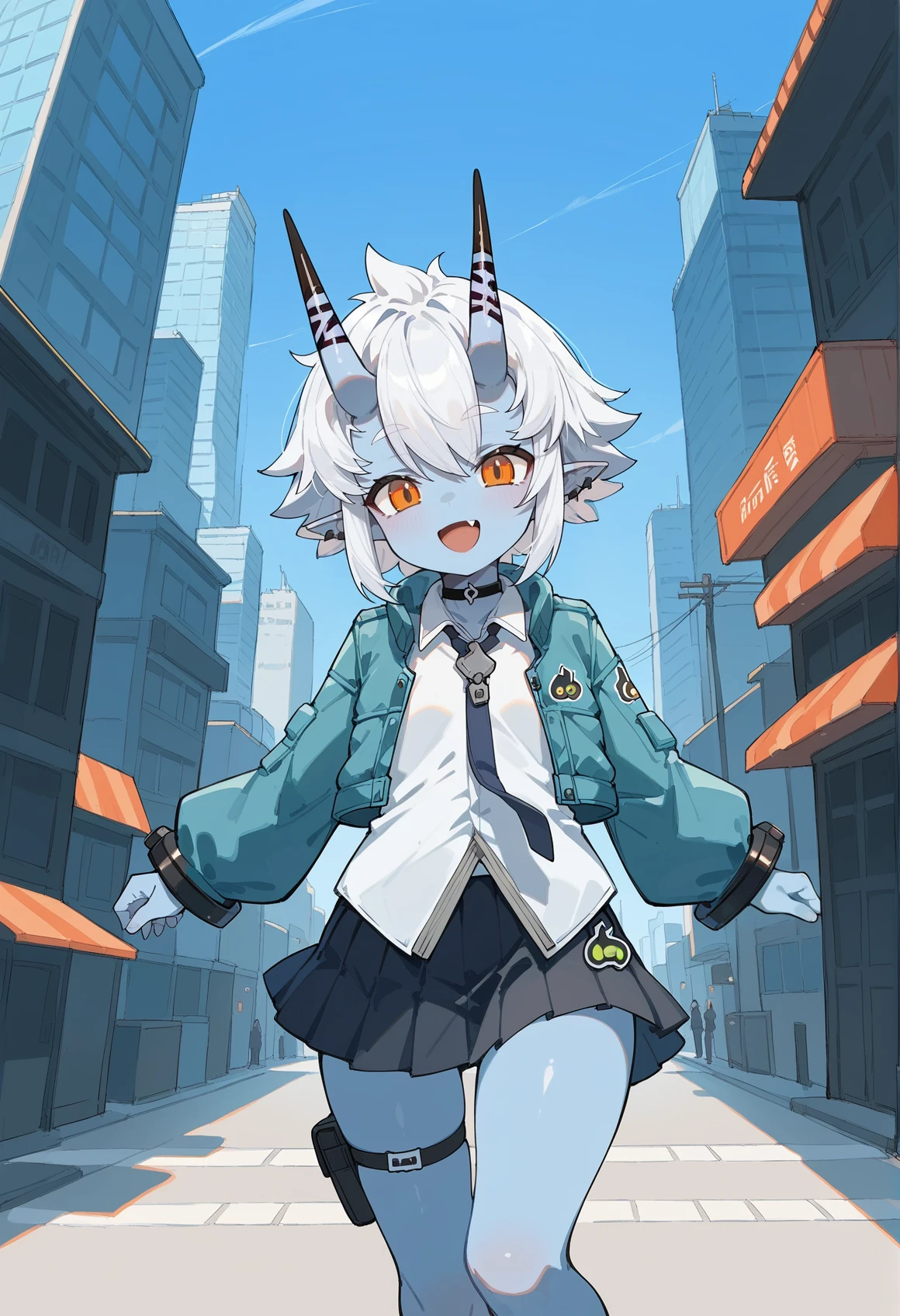 1girl, oni, blue skin, colored skin, skin-covered horns, orange eyes, pointy ears, white hair, short hair, sidelocks, tail, earrings, shackles, choker, white shirt, necktie, brooch, jacket, pleated skirt, thigh holster, outdoors, city, smile, open mouth, fang <lora:Soukaku_ZZZ:1>, score_9, score_8_up, score_7_up, score_6_up, score_5_up, score_4_up, BREAK source_anime, masterpiece