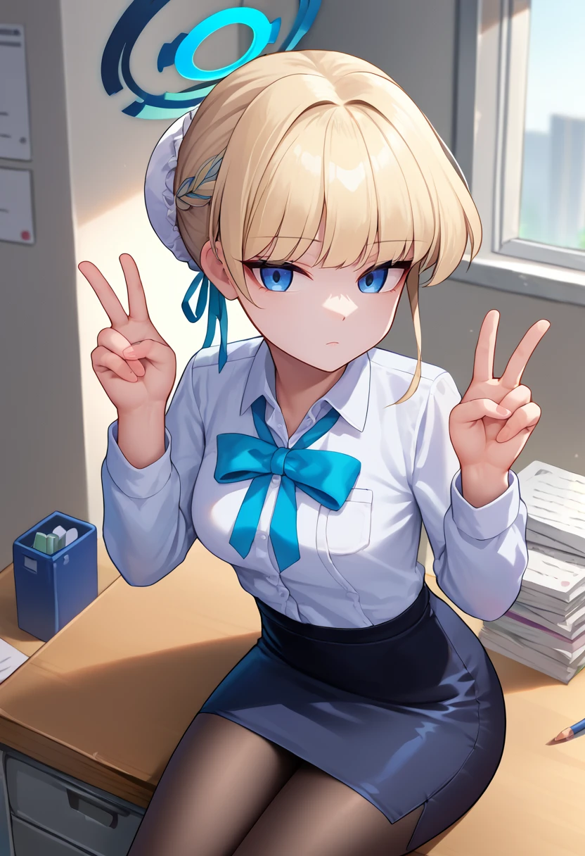 score_9, score_8_up, score_7_up, source_anime, solo, 1girl, tokidef, expressionless, looking at viewer, sitting on desk, double v, short hair, single hair bun, bun cover, braid, hair ribbon, blue ribbon, blue halo, white shirt, collared shirt, black skirt, pencil skirt, black pantyhose, indoors, office <lora:ba_asumatoki_ponyXL:1>