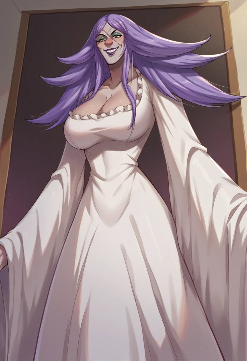 score_9,score_8_up,score_7_up BREAK <lora:CharlotteBrulee:1>,CharlotteBrulee,1girl,long hair,large breasts,smile,dress,cleavage,tall girl,scar,yellow eyes,purple hair,grey skin,wide sleeves,white dress,makeup,lipstick,pink dress,long dress,purple lips,room,room background,cowboy shot,from below,