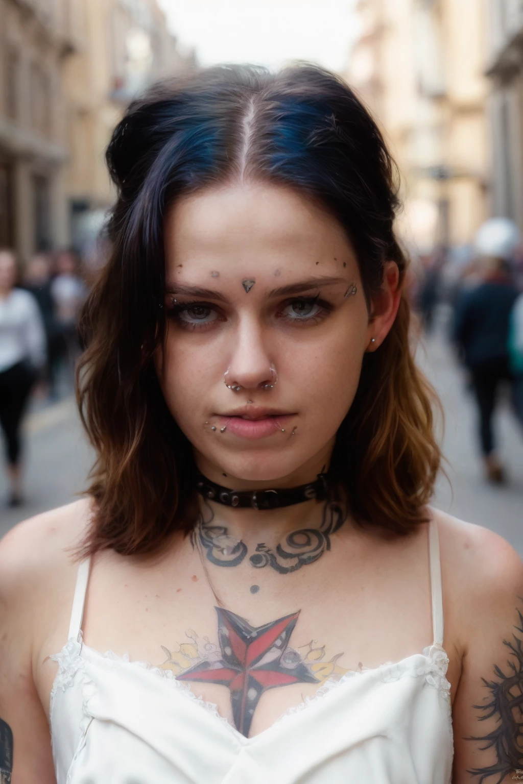 <lora:MarieSG:0.8>, full color portrait of a young woman, wearing a dress, in a crowded street, tattoo, natural light, RAW photo, subject, 8k uhd, dslr, soft lighting, high quality, film grain, Fujifilm XT3