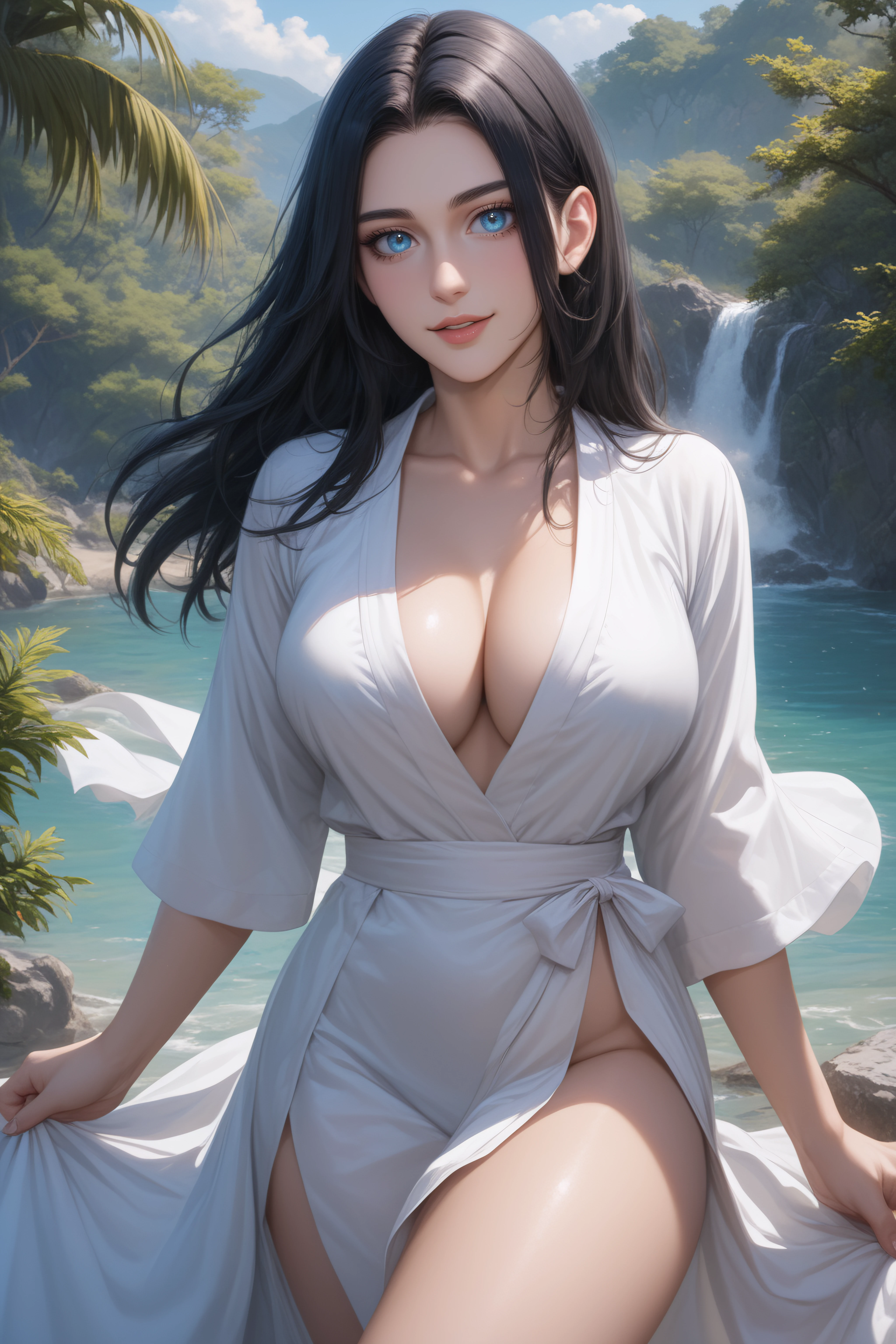 score_9, score_8_up, score_7_up, BREAK source_anime, <lora:Frieda Reiss-PonyXL-lora-Faxtron:0.8> frieda reiss, blue eyes, black hair, long hair, large breasts, white robe,