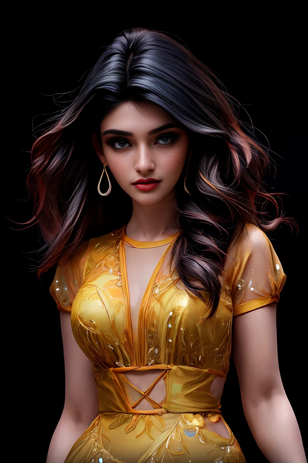 1girl, solo, curvy body, hourglass body, perfect body, indian, sreeleela, masterpeice, best quality, long hair, wavy hair, black hair, ear rings, medium shot, big breasts, Natural skin texture, looking at viewer, (standing:1.2), cinematic light, (black background:1.5), photographic pose, full hair, photorealistic detail, urban setting, natural lighting, vibrant colors, summer day, 8K resolution, masterpeice, ultradetail, award winning photography, (Rim light:1.2) 
 <lora:Sreeleela:1> 
<lora:must4rd:.75> must4rd, standing, short sleeves, long dress<lora:more_details:1><lora:more_details:1>