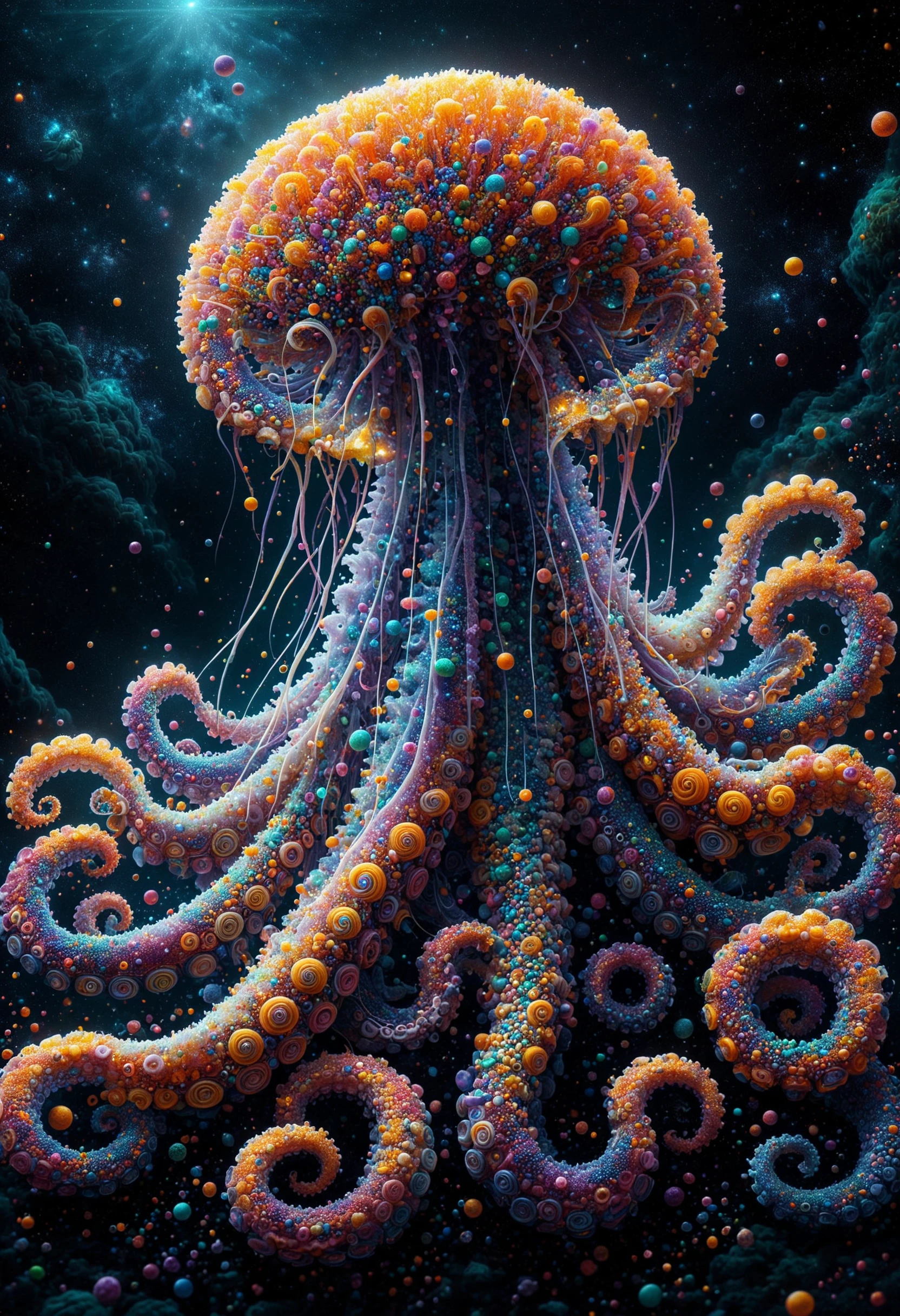 A mysterious cosmic entity, resembling a celestial jellyfish, floats gracefully through space. The creature's translucent tentacles stretch out like ethereal appendages, adding an otherworldly allure to the scene. This striking image, possibly a painting, uses subdued hues to enhance the interstellar ambiance. The intricate details and expert blend of colors in this captivating artwork elevate it to a truly mesmerizing and high-quality piece of visual art, made out of sprinkles, <lora:PinkieSprnklsSDXL-v1:1>, p1nkspr1nkles, colorful,