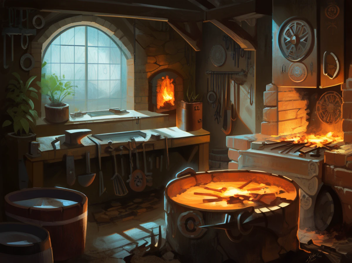 score_9, score_8_up, score_7_up,   detailed background,  realistic lighting, no humans, 
<lora:Fantasy_Forge12:1>, Fantasy Forge, Furnace, water bucket, anvil, hot iron, fire, molten iron, scenery,  plant wines, window,