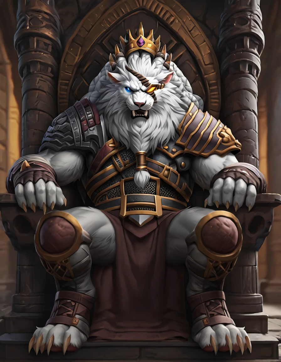 felid,canine,canid,Rengar,lion,mammal,furry,anthro,day,fluffy,male,solo,blue eye,yellow eyepatch,sitting on golden throne,(crown:1.2), in castle,full body,  realistic, newest,masterpiece, best quality
<lora:RengarXLV3:1>