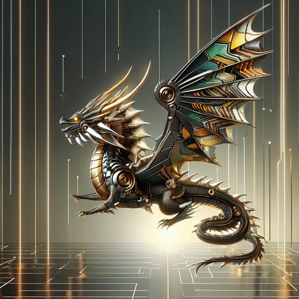 RetroBG, metallic dragon, intricate wings, circuitry patterns, mechanical elements, organic and robotic blend, falling light beams, otherworldly atmosphere, fantasy, science fiction, soaring, majestic, detailed, high quality, vibrant colors <lora:RetroLuxe World Morph:1>