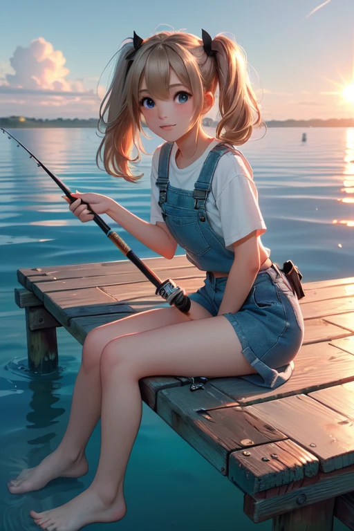 (((masterpiece))), (((best quality))), (((facing viewer))), (((looking at viewer))), (((pier fishing))), (((holding pole))), (((fishing rod))), (((partially submerged))), (((half underwater shot))), ((soaking feet)), ((deep ocean)), ((sun)), ((sky)), fish, bird, wind, flare, glare, cloud, shore, tackle box, 1girl, sitting on wooden deck, shy, blush, slim figure, blonde, twintails, <lora:background_pierfishing:0.8>