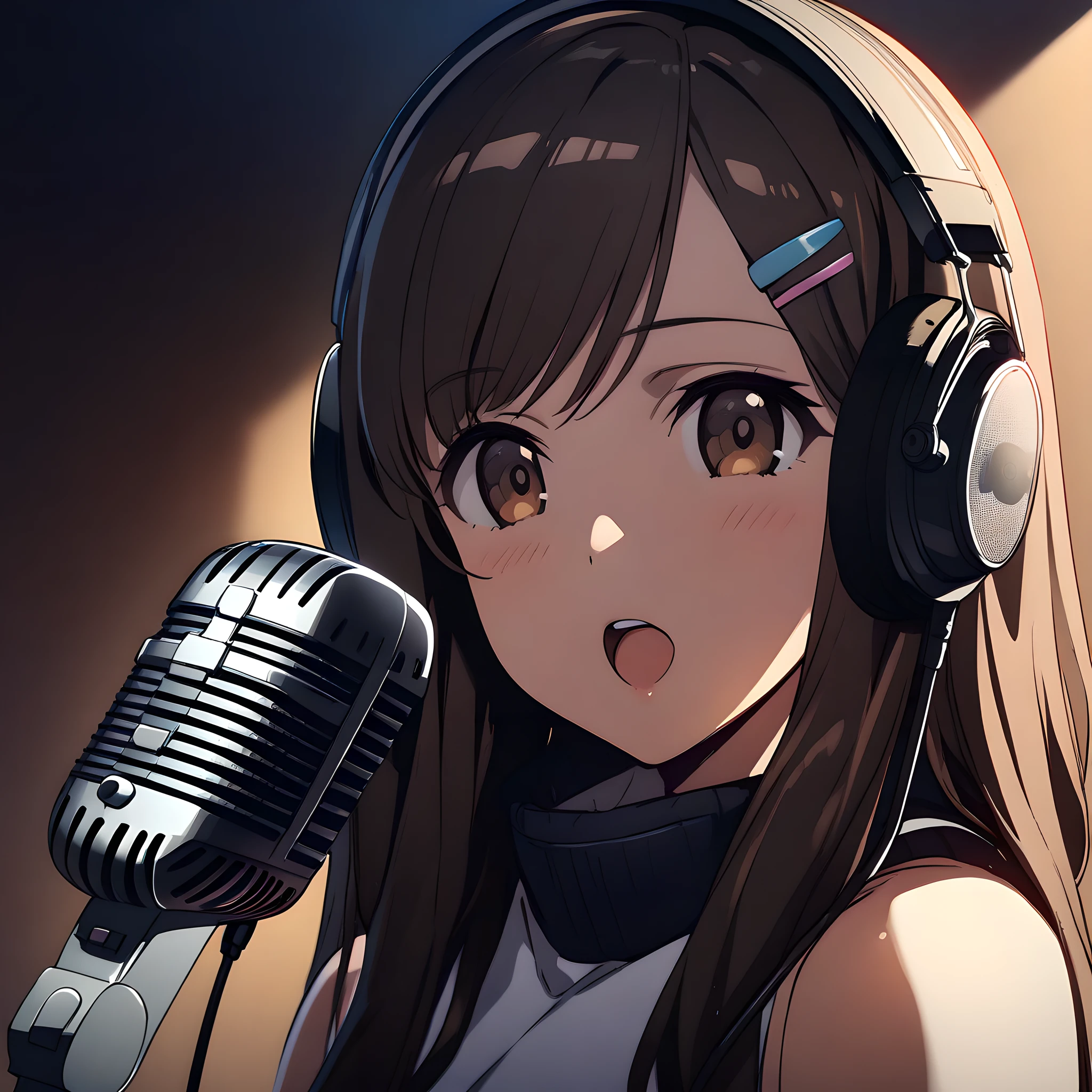 (masterpiece),(best quality),(ultra-detailed),(best illustration),(best shadow),(absurdres),(detailed background),(very aesthetic),  yuki_morikawa, 1girl, solo, brown hair, headphones, microphone, long hair, brown eyes, hairclip, hair ornament, open mouth, microphone stand <lora:XL-YukiMorikawa:1>