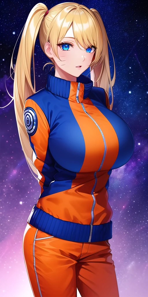 <lora:UzumakiNarukoV3:0.7> naruko_uzumaki, huge_breasts, standing, solo, arms_behind_back, multicolored_jacket_blue_jacket_orange_jacket, orange_pants, starry_sky,, masterpiece, best_quality, detailed_face, detailed_eyes, highres, beautiful, detailed, absurdres,