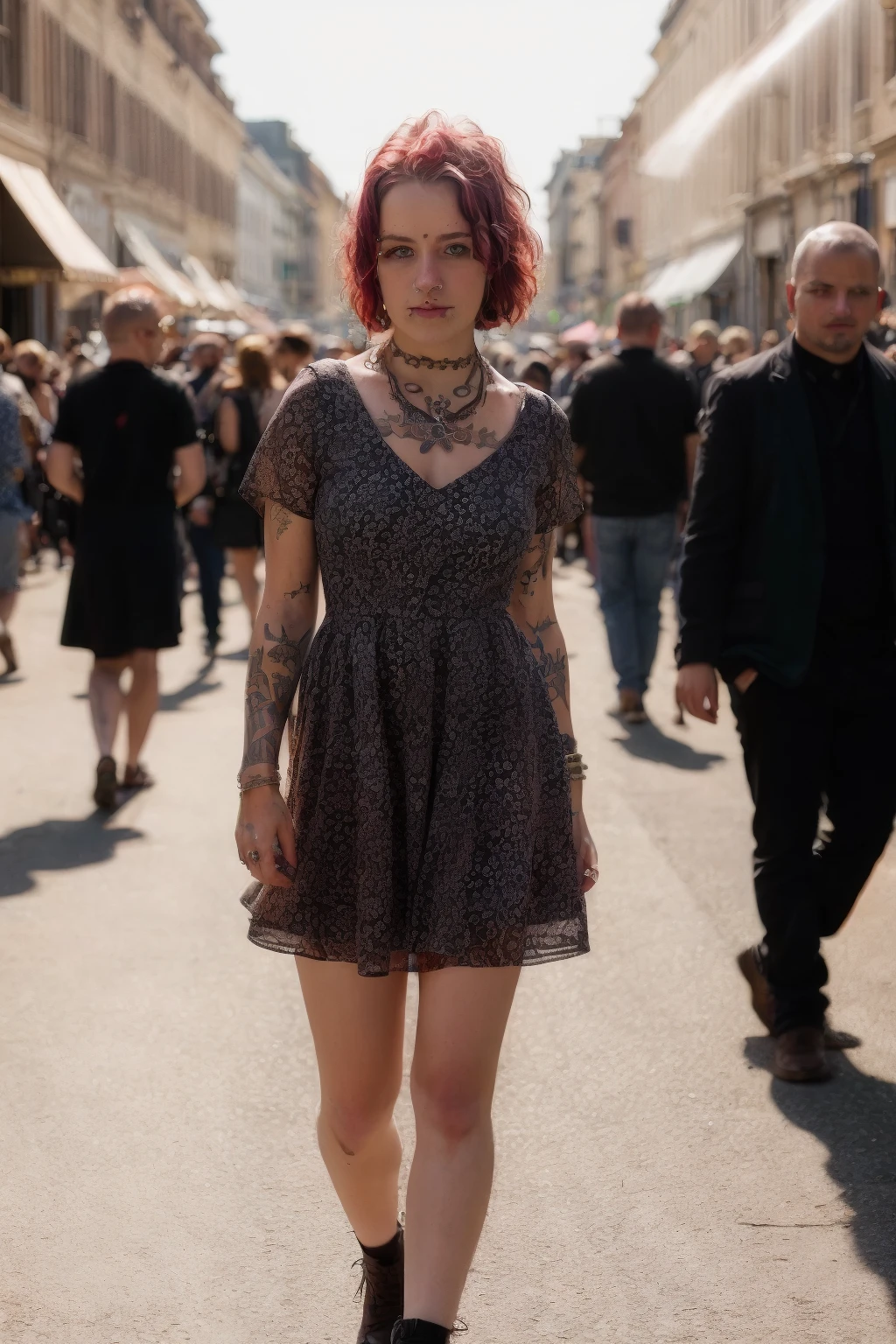 <lora:MarieSG:0.8>, full color portrait of a young woman, wearing a dress, in a crowded street, tattoo, natural light, RAW photo, subject, 8k uhd, dslr, soft lighting, high quality, film grain, Fujifilm XT3