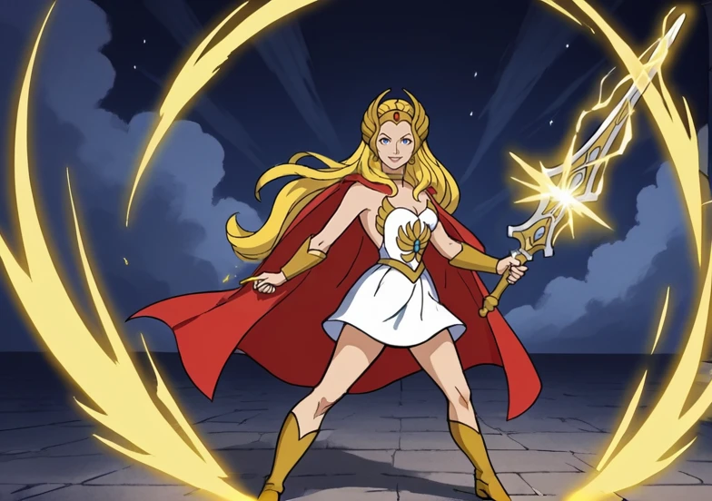 sh3ra, warrior princess, solo, blonde hair, blue eyes, friendly smile, gold tiara, white dress, white skirt, red cape, gold armour, boots, full body, holding sword up high <lora:She-Ra_Princess_of_Power_1987_-_Pony:0.8>, wing symbol background, yellow electricity