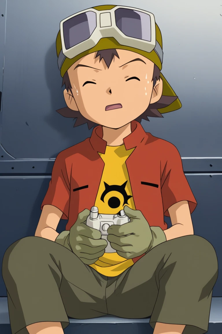 score_9, score_8_up, score_7_up, score_6_up, detailed, intricate details,best quality ,source_anime, cowboy shot, male focus
takuya kanbara, brown hair, brown eyes, red jacket, yellow shirt, 1boy, goggles, male focus, closed eyes, hat, solo, gloves, goggles on head, shirt, sweatdrop, open clothes, sitting, open mouth<lora:EMS-421335-EMS:1.000000>