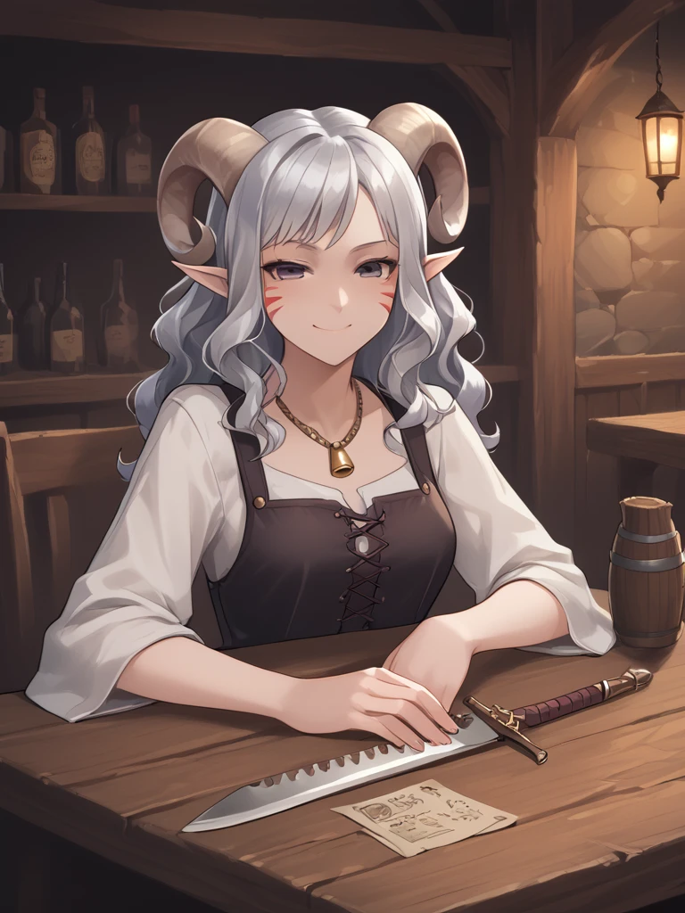 sword_breaker:1.4, weapon on table, tavern, weapon focused, 
source_furry, score_7_up, rating_safe, source_anime,anime face,<lora:whisker_markings:0.8>red whisker_markings, silver long wavy hair,  bell necklace, short pointy ears, purple eyes, <lora:age_slider_v4:0.6>
<lora:Smooth Style 2 SDXL_LoRA_Pony Diffusion V6 XL:0.3> smile, open eyes, 
<lora:Test_Diana:0.8> tiefling_bard_diana:1.2,     <lora:sword_breaker_r1:1.67>