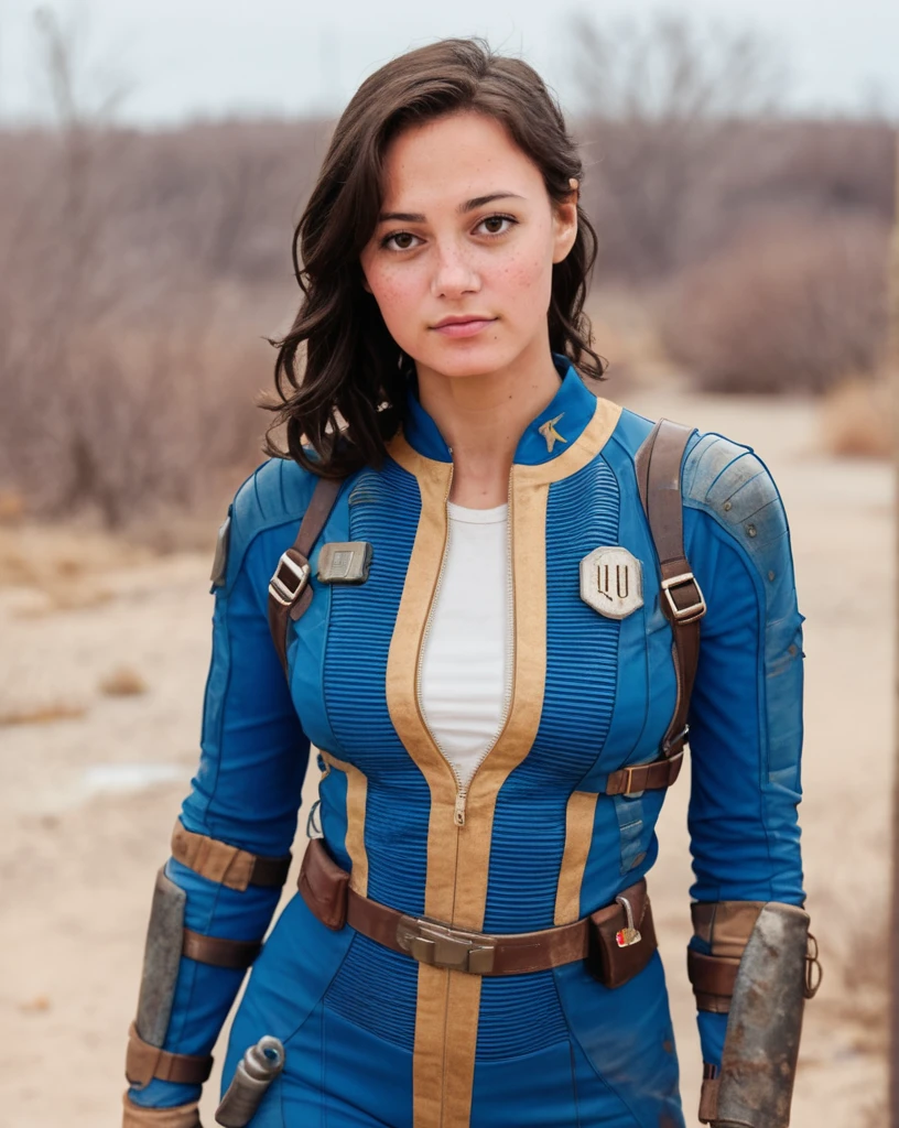 score_9, score_8_up, score_7_up,1girl, white skin ,  25 years old, looking at viewer,brown eyes, black hair,  ellapurnell <lora:Ella Purnell Pony:1> wearing a blue fallout jumpsuit, wasteland