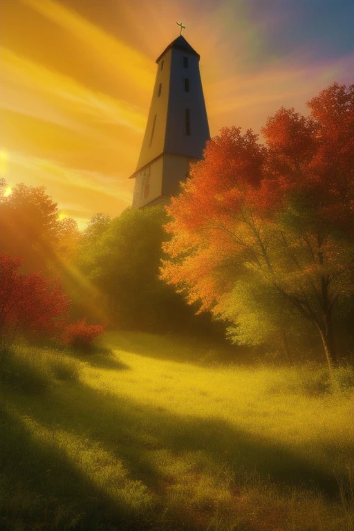 Big forest with yellow, green and red leaves at sunset, a small town with a church and a radio tower in the background, fantasy, professional canvas, triadic colors, deep color, volumetric lighting, shading with dark edges, richly detailed, matte background, style octane render.