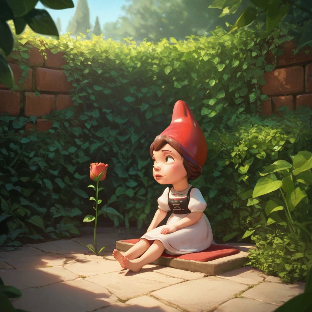 score_9, score_8_up, score_7_up, score_6_up, score_5_up, score_4_up, 1girl, JulietGnome, in a garden, hat, sitting on the ground, barefoot