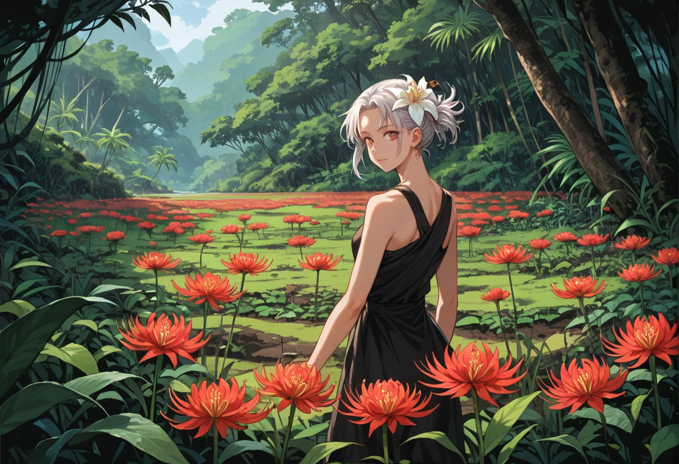 ,ruanyi0797,spider lily,flower field,(no humans:1.2),jungle,overgrown,<lora:0797 spider lily_v1_pony:1>, score_9,score_8_up,score_7_up,,8k,1girl,solo,,