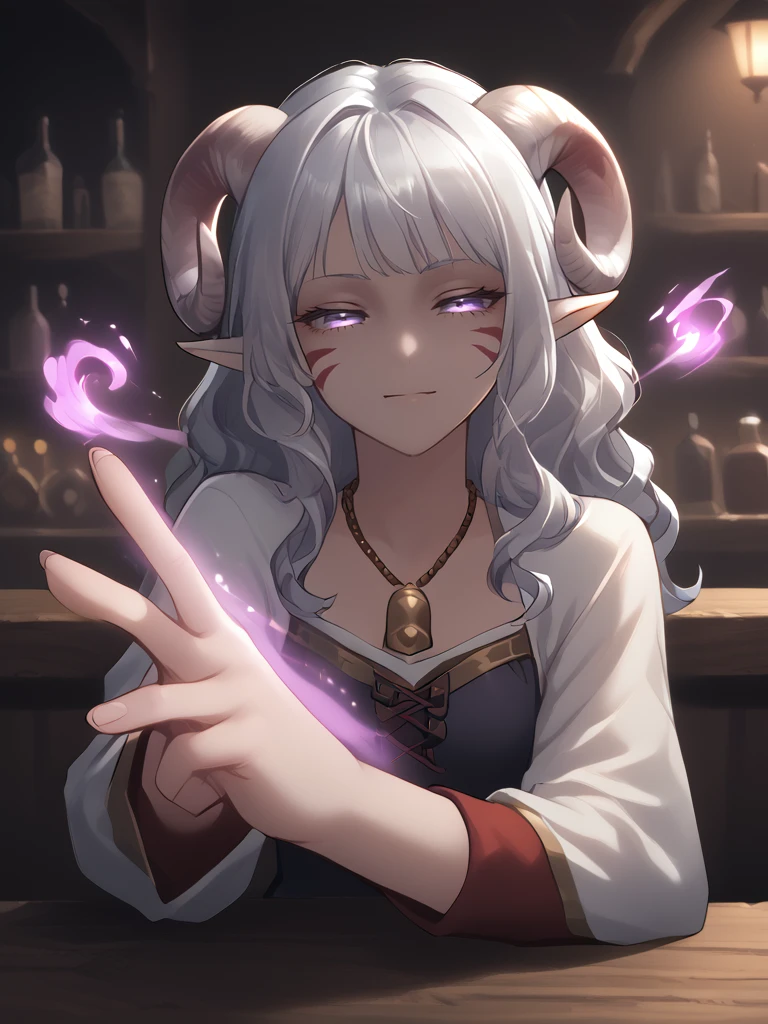 source_furry, score_7_up, rating_safe, source_anime,anime face,<lora:whisker_markings:0.8>red whisker_markings:1.2, silver long wavy hair, bell necklace, short pointy ears, purple eyes, <lora:age_slider_v4:0.6> tavern, sitting, 
charm_magic,pink hand, 
outstretched hand,  hand, palm:1.2,
<lora:Tieflingnew weird fantasyDND:0.3><lora:Smooth Style 2 SDXL_LoRA_Pony Diffusion V6 XL:0.3> detailed face, 
<lora:Test_Diana:0.7> tiefling_bard_diana:0.5,
 <lora:organ:1> <lora:charm_magic:0.6> <lora:INKxXmo shaded face:0.5> INKxXmo Dark Theme, Shaded Face