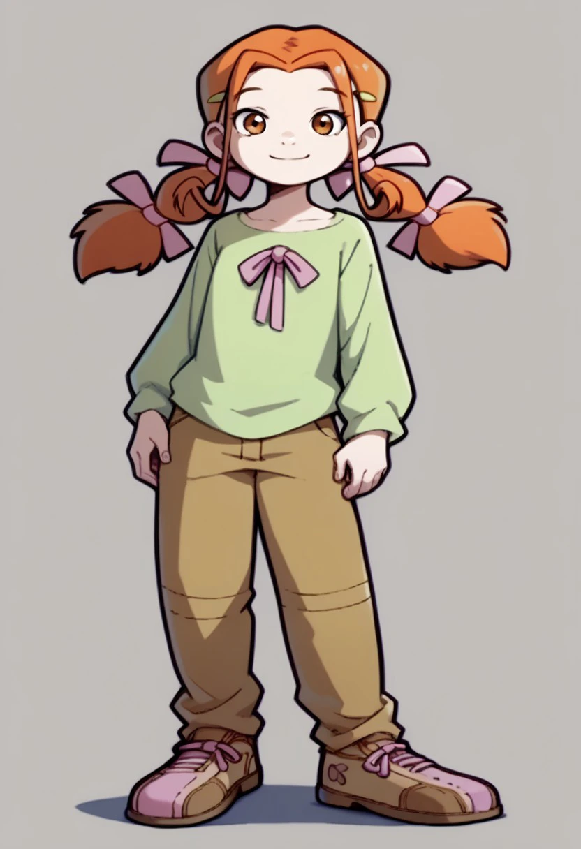 score_9, score_8_up, score_7_up BREAK ElenaPotato, 1girl, orange hair, orange eyes, light green hair clips, pigtails, pink pigtail bows, long-sleeved green shirt with pink ribbon, cargo pants, pink brown shoes, smiling at viewer, full body,