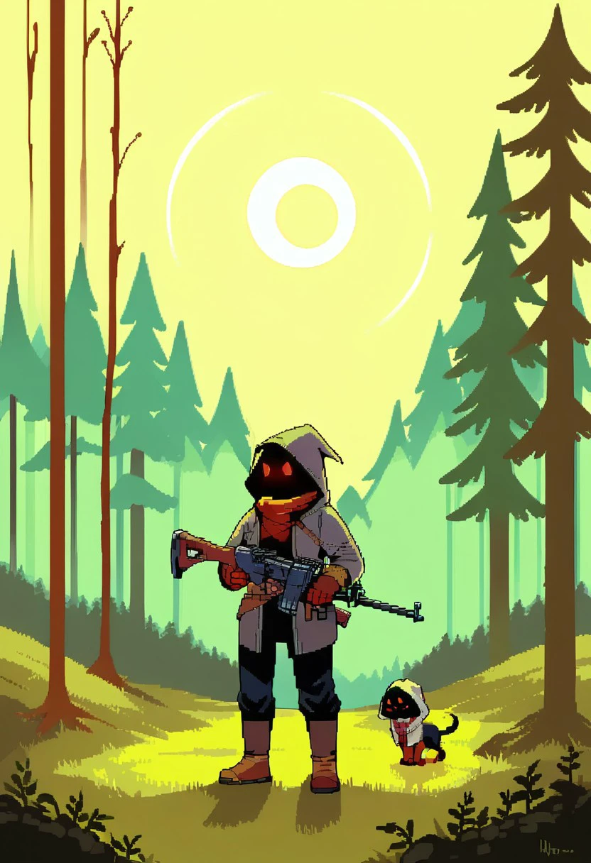 score_9, score_8_up, score_7_up, lpho, pixel style, grim, forest, hunter, hood, dog, crossbow, eclipse