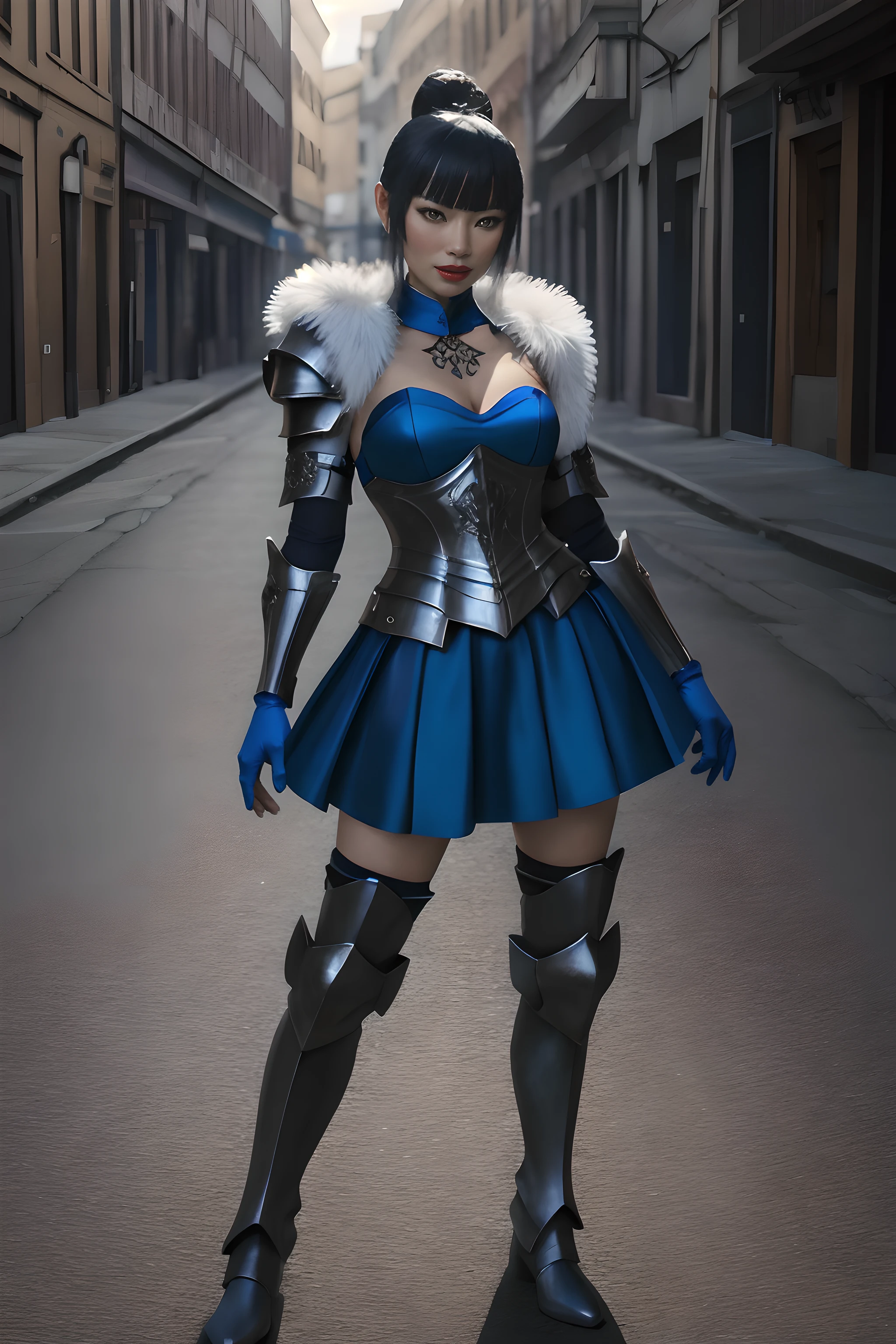 full body,realistic,SFW, bai ling Bazlunipa woman , pose,(posing for photoshoot),cheeky smile, clothing(full_armor, shoulder_armor, breastplate, shin_guards, faulds skirt, armored_boots), ((kux lumino)), (Tai:1.21)electric blue/(gloves:1.21)(arms)) over neck, large belt, wide hips, silk scarf, fur, silk, bracelets, chest tattoos, anime, photo by Steve McCurry, ArtStation, cinematic lighting, high detail, cgsociety, cell shading, hd, hdr, 4k, 8k, highest resolution, high resolution, 3d, trending on ArtStation, 3d, HQ, hyper-f32<lora:Bazlunipa:1>