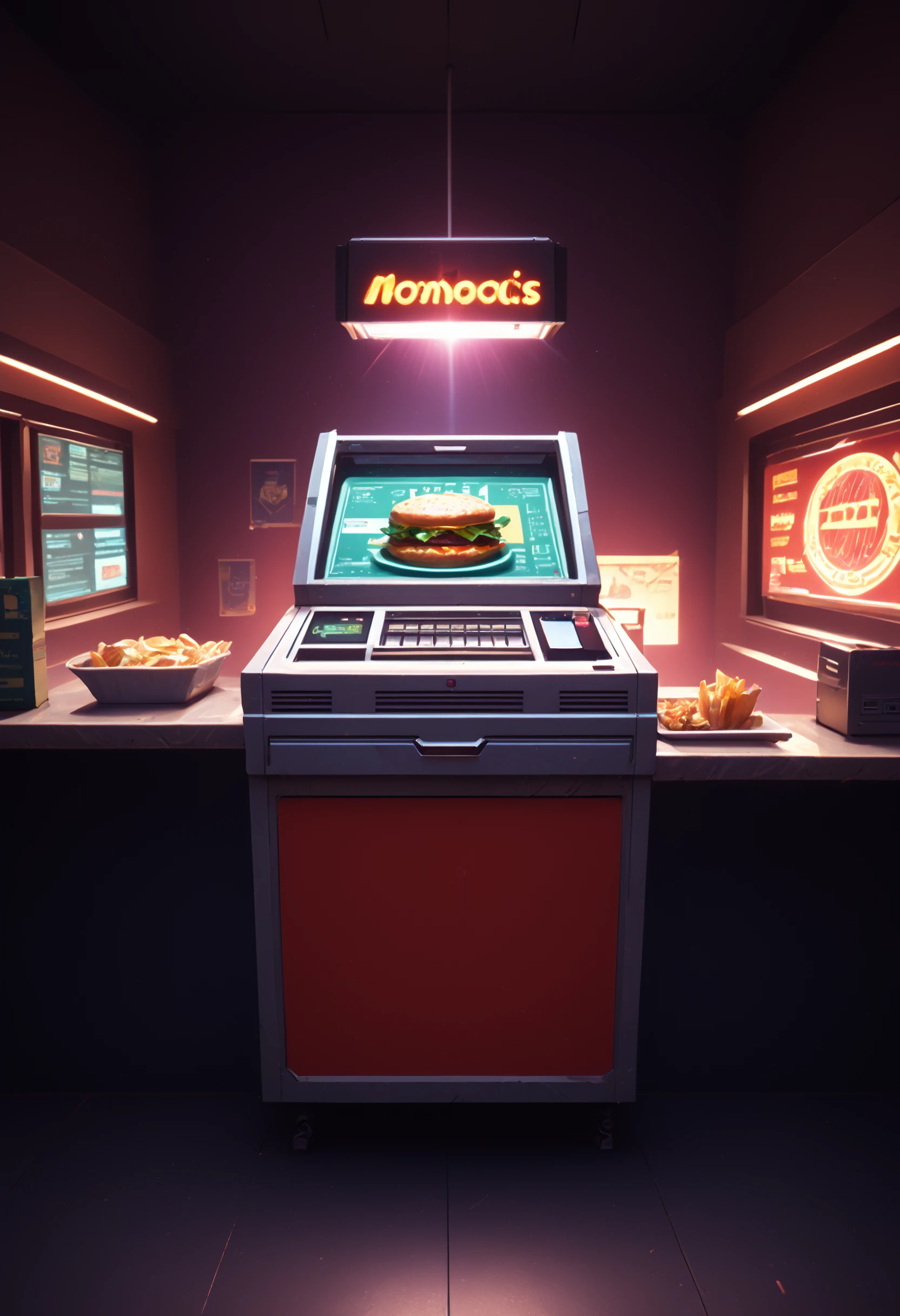 McDsWorkerScenPDXL_ , full body, (fantasy), (lens flare, prismatic), Unreal Engine 5, cyberpunk, cinematic photography, dark background, rembrandt lighting, professional photography, detailed face, perfect anatomy, wide shot, ultrasharp, desktop wallpaper, octane render, futuristic, neon theme, PonyXLV6_Scores