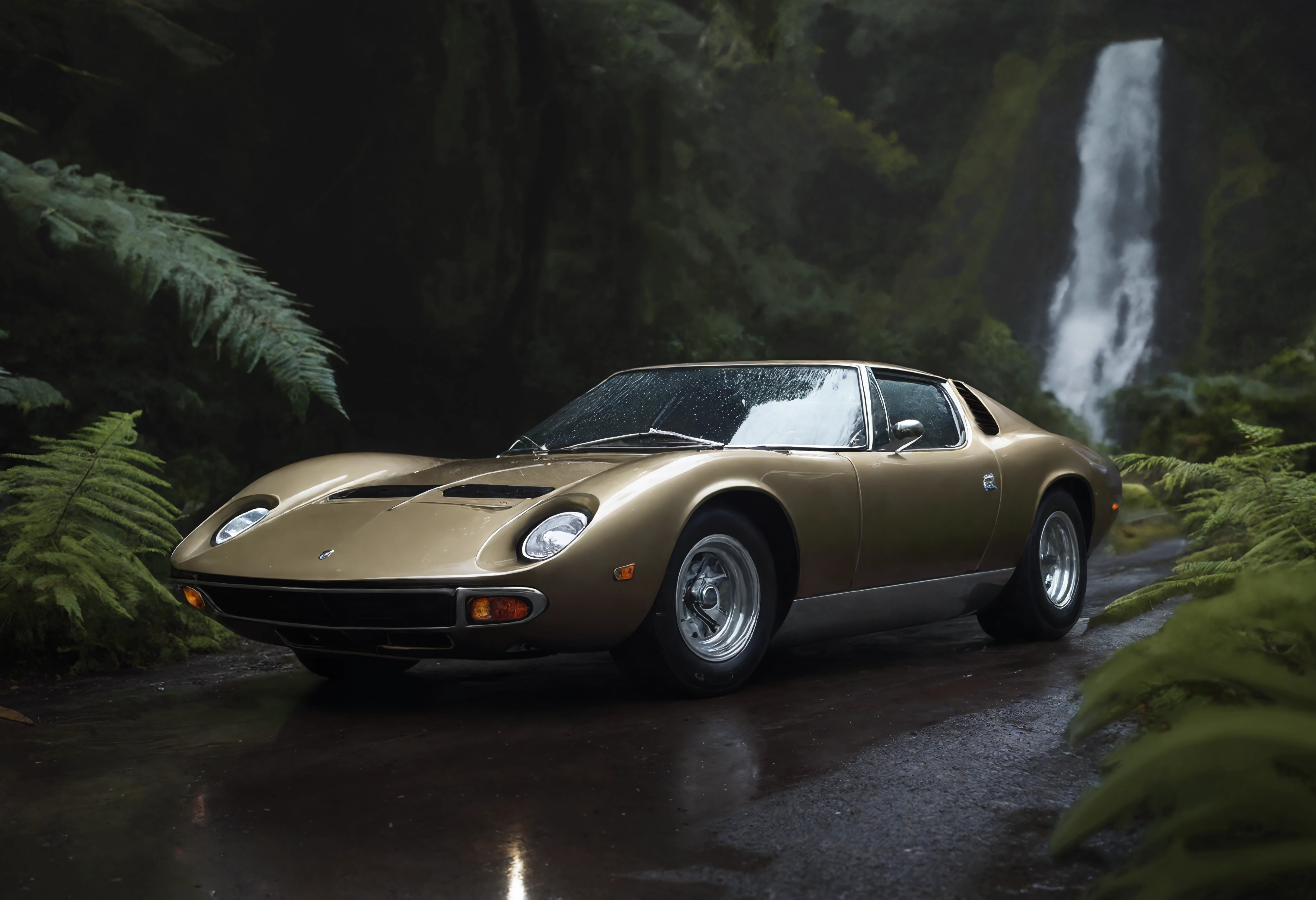 a photograph of a mclarenm8 lamborghinimiura sports car, l960sm1deng1ne,      Stormy Weather: Dark clouds, lightning, and rain, adding tension and drama to the scene., metallic Champagne Beige, front 3/4 view , New Zealand temperate rainforest waterfall in the rain, ferns, dark, low-key,   low color saturation, concept art, perfect composition, masterpiece, professional photography, zeiss lens, shot on dslr 64 megapixels, sharp focus, intricately detailed, dramatic, tilt shift,