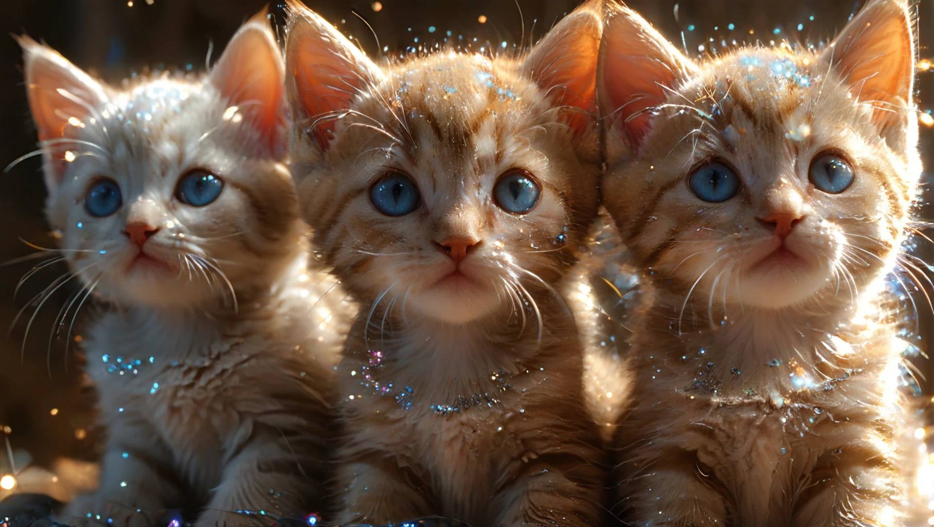 breathtaking <lora:CatSaviorXL:0.9>,
CatSavior,no humans,animal focus,whiskers,cat,realistic,head lift,animal,blue eyes,simple background,sparkle,light particles,shiny,
(light particles:1.7),(glowing:1.4),(shiny:1.5),(shone:1.3),medium_shot,sunlight,backlighting,<lora:xl_more_art-full_v1:0.6>,<lora:add-detail-xl:0.8>,(4 kittens:1.3),kitten,, best quality , masterpiece, illustration, an extremely delicate and beautiful, extremely detailed ,CG,unity,8k wallpaper, Amazing, finely detail, masterpiece, best quality,official art,extremely detailed CG unity 8k wallpaper,absurdres, incredibly absurdres, huge filesize , ultra-detailed, highres, extremely detailed,beautiful detailed girl, extremely detailed eyes and face, beautiful detailed eyes,light on face, . award-winning, professional, highly detailed