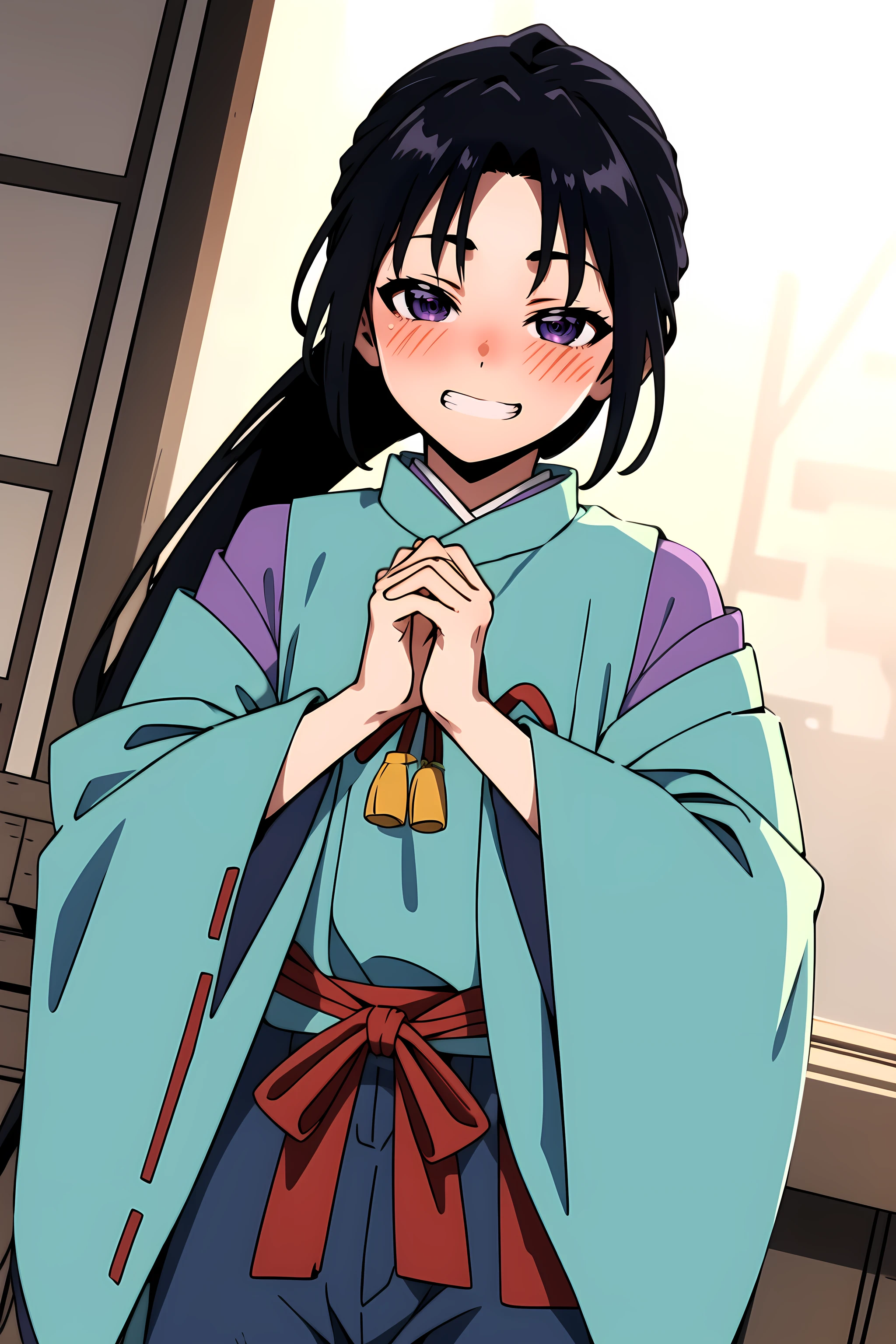 masterpiece, best quality, HojoTokiyuki, 1boy, perfect lighting,cute pose,grin,blush,young boy,solo,half closed eyes,male focus,cute, black hair, own hands together,aqua japanese clothes,long hair, purple eyes, pose,wide sleeves, blue pants,ribbon trim,very long hair, ponytail,sheathed, bangs, sheath,indoors,<lora:Hojo Tokiyuki:0.75>