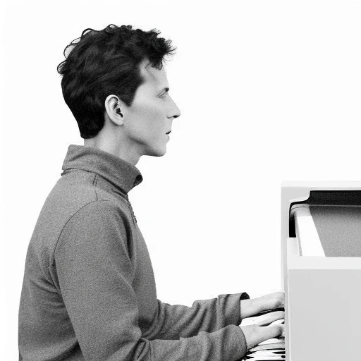 long sleeves, profile, 1boy, music, solo, piano, white background, realistic, from side, simple background, playing instrument, greyscale