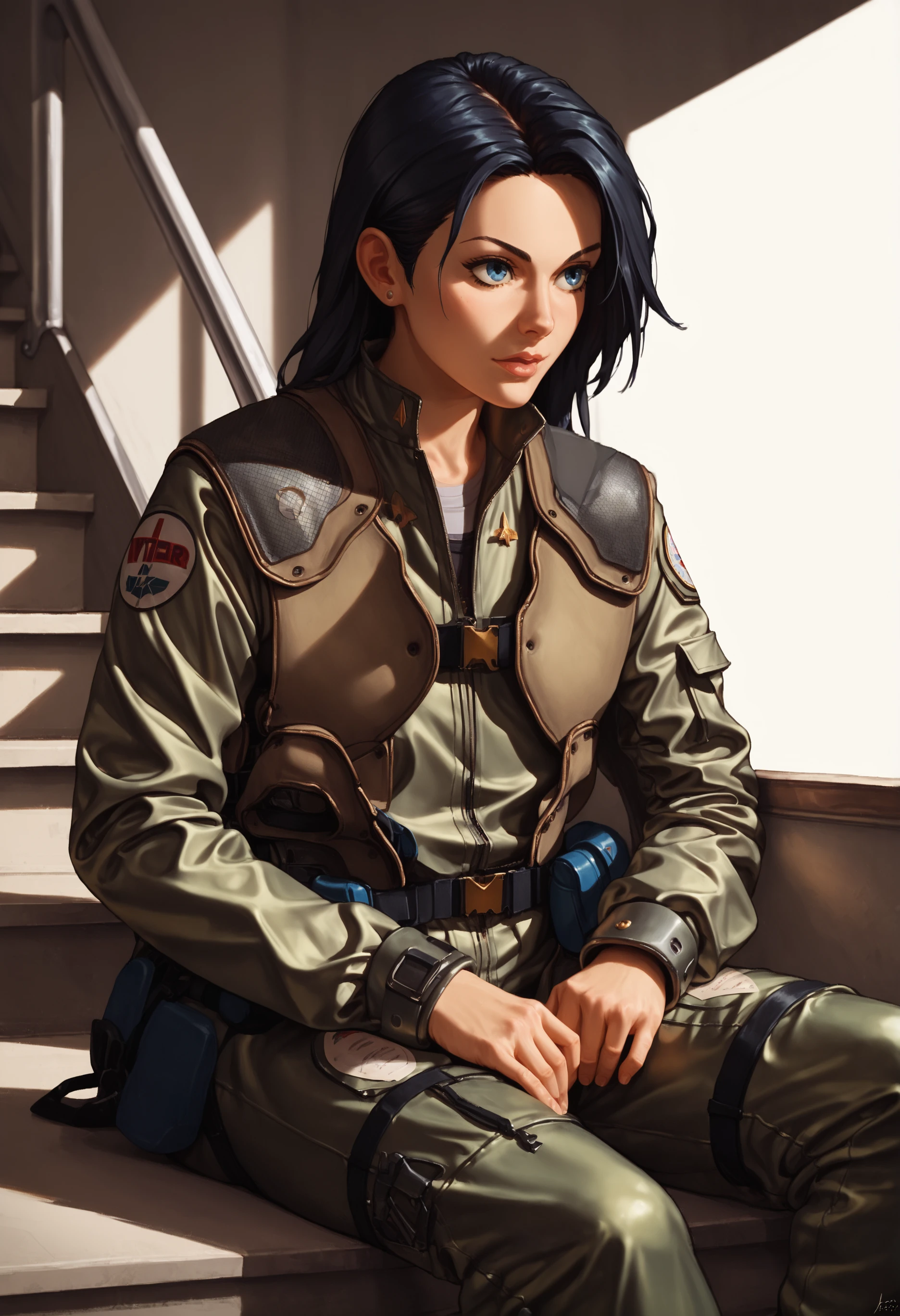 score_9,score_8_up, score_7_up,
1girl, solo, long black hair ,blue eyes,sitting on a staircase,fighter jet,
bsgvprunf,pilot uniform,
,<lora:BSGpony1>