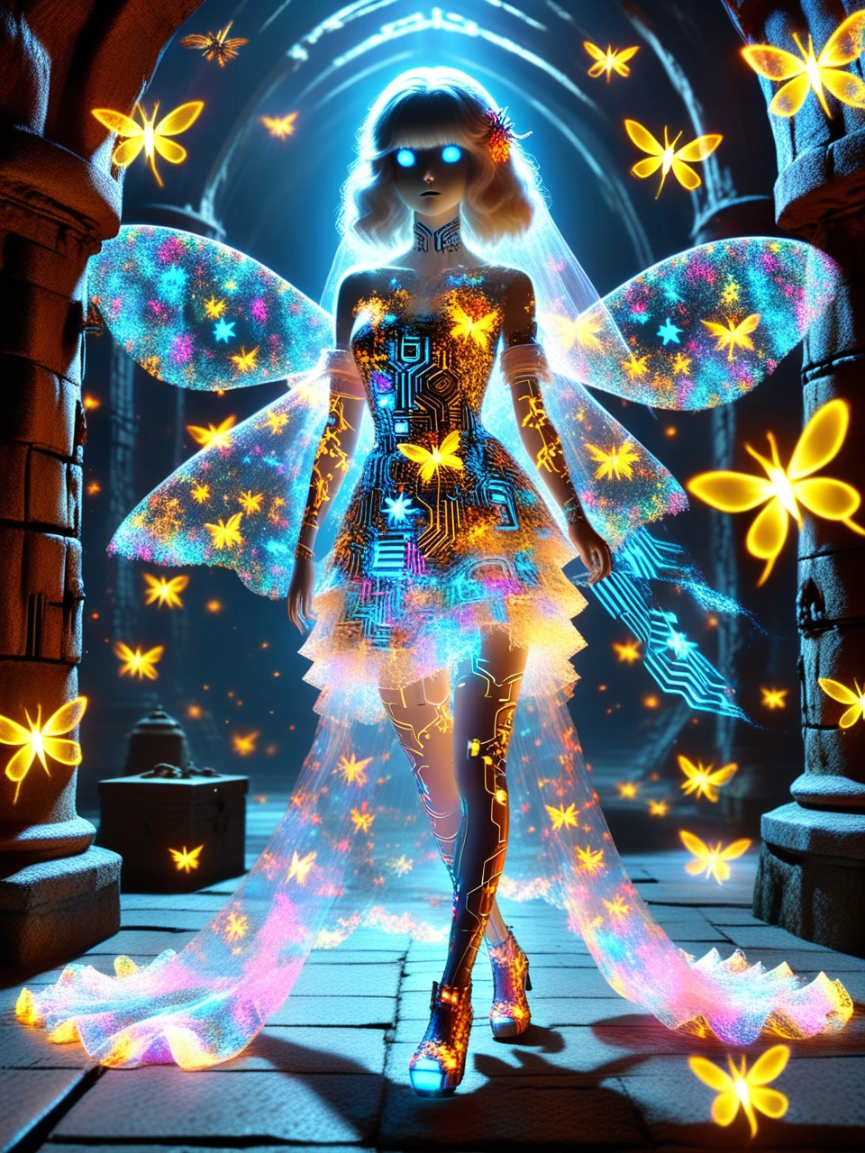 most beautiful transparent girl ghost made of cyberflies in a dungeon, vibrant, charming, surreal, 8k RAW photo, best quality, impressionism, , , bright, , style of Tyler Edlin