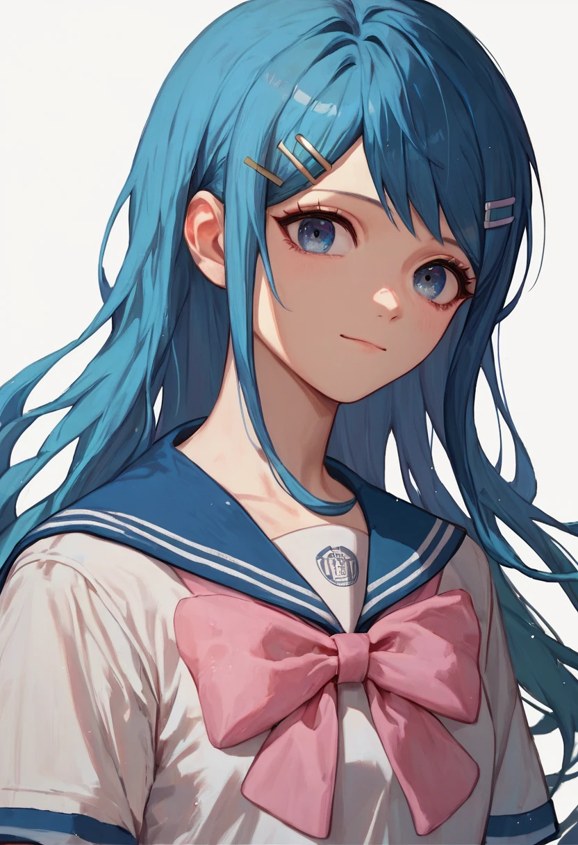 score_9, score_8_up, score_7_up, simple background, white background, light smile <lora:danganronpa_aio_1:1>
maizono sayaka, 1girl, blue hair, blue eyes, long hair, hair ornament, hairclip,
serafuku, pink bow