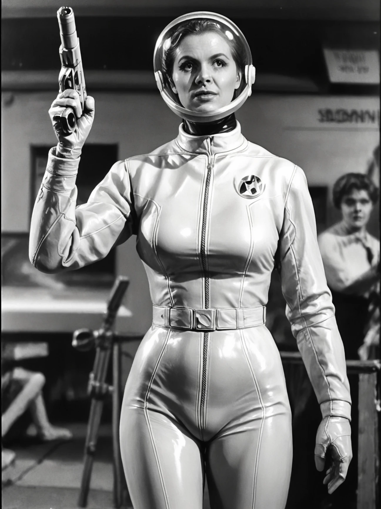 score_9, score_8_up, score_7_up, score_6_up, score_5_up , BREAK
bwmovies,  <lora:bwMovies:1>
retro scifi, 1girl in a tight spacesuit (holding a raygun), transparent helmet, cowboy shot, ray gun,