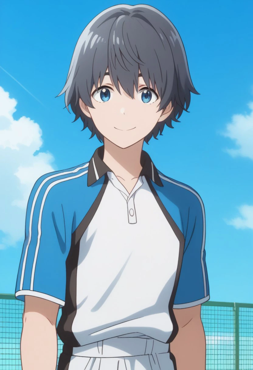 score_9, score_8_up, score_7_up, source_anime, highly detailed, 
nao, 1boy, solo, male focus, upper body, shorts, smile, black hair, blue eyes, sportswear, looking at viewer, standing, tennis uniform, raglan sleeves, white shirt, blue shirt,
outdoor, sky,