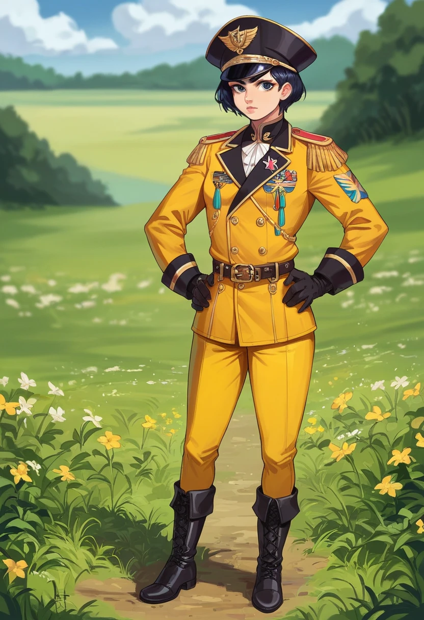 score_9,score_8_up,score_7_up,score_6_up,score_5_up,source_anime,1girl, <lora:MustardPony1:0.9>, mustarduni,military uniform,belt,gloves,hat,epaulettes,black headwear,short black hair, jacket,yellow pants,boots,long sleeves,hands on hips,full body,outdoors,in field,