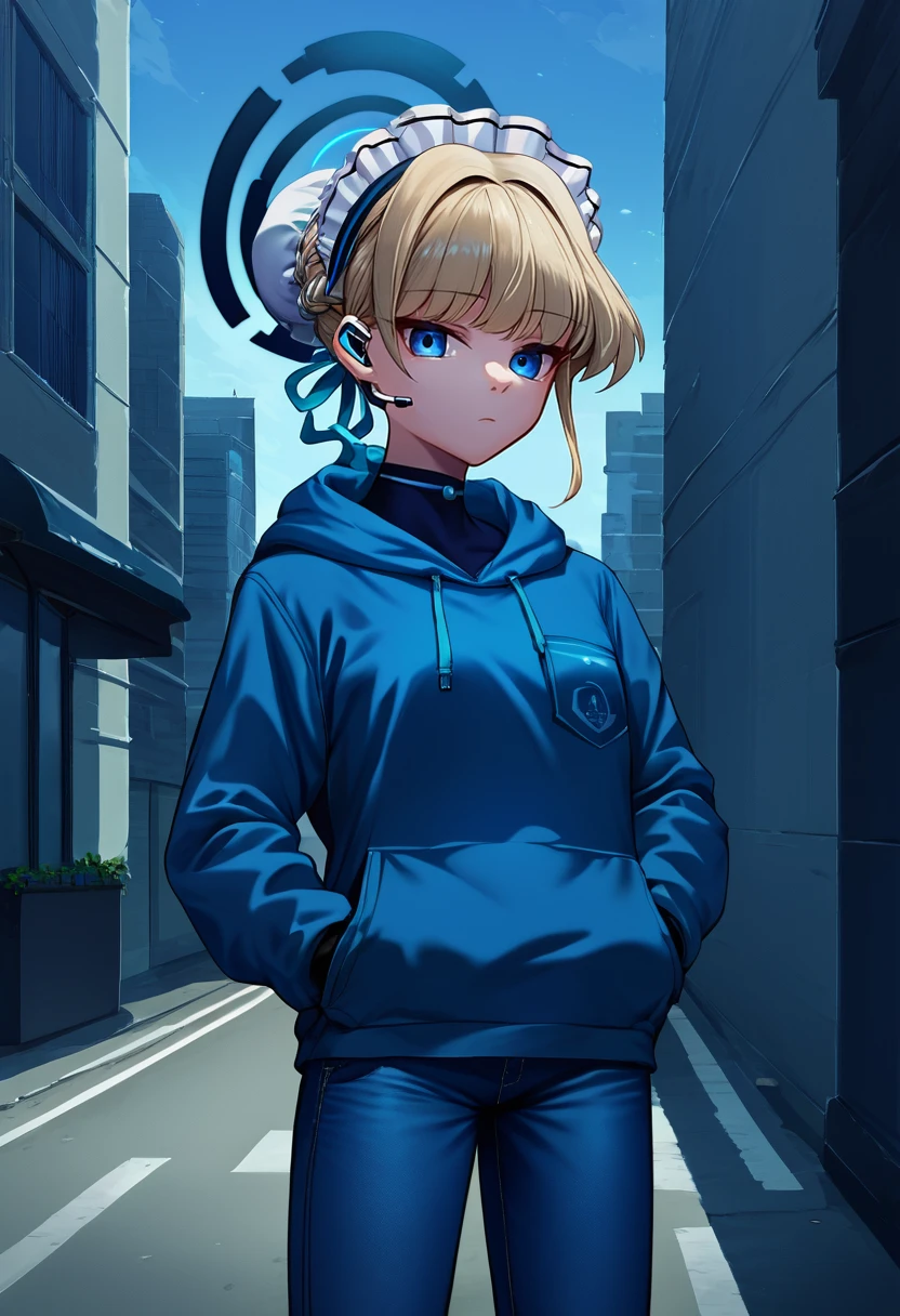 score_9, score_8_up, score_7_up, source_anime, solo, 1girl, tokidef, expressionless, looking at viewer, standing, hands in pockets, short hair, single hair bun, bun cover, braid, hair ribbon, blue ribbon, maid headdress, earpiece, blue halo, blue hoodie, blue pants, jeans, outdoors, city street <lora:ba_asumatoki_ponyXL:1>