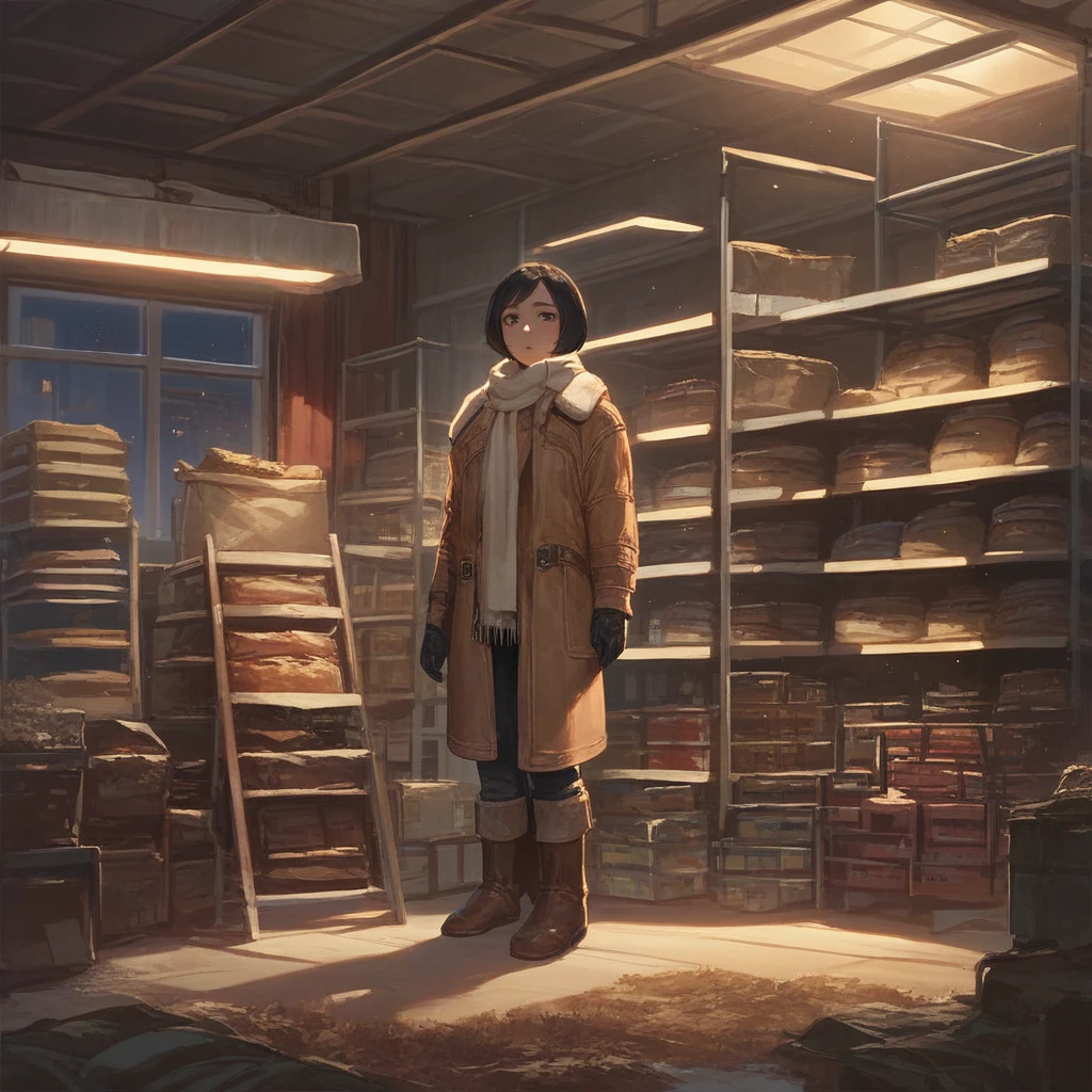 score_9, score_8_up, score_7_up, solo, short hair, black hair, gloves, boots, pants, indoors, scarf, coat, window, chair, warehouse, night, dark