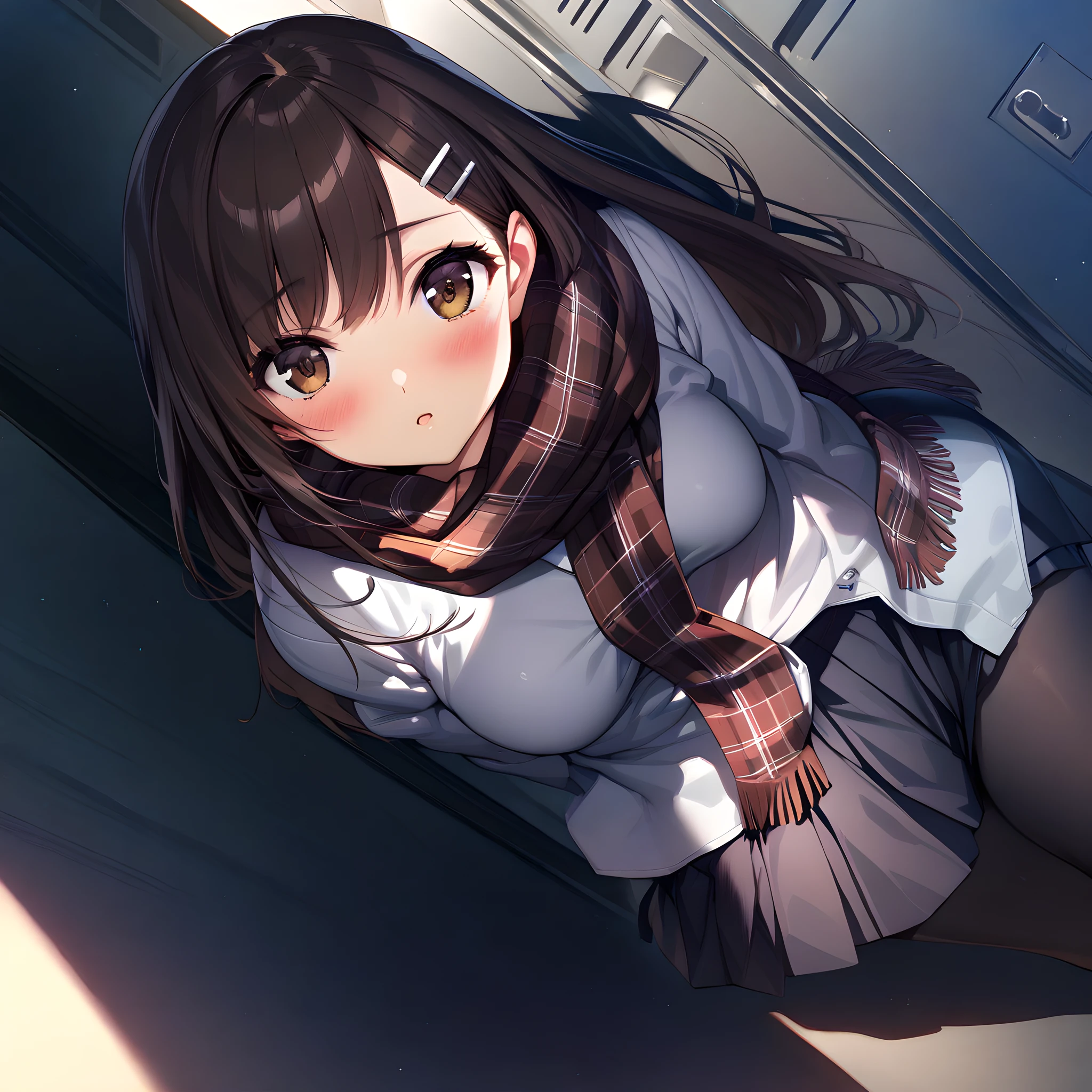 (masterpiece),(best quality),(ultra-detailed),(best illustration),(best shadow),(absurdres),(detailed background),(very aesthetic), yuki_morikawa, 1girl, solo, scarf, pantyhose, long hair, skirt, hair ornament, hairclip, brown hair, locker, blush, school uniform, plaid scarf, black pantyhose, brown eyes<lora:XL-YukiMorikawa:1>