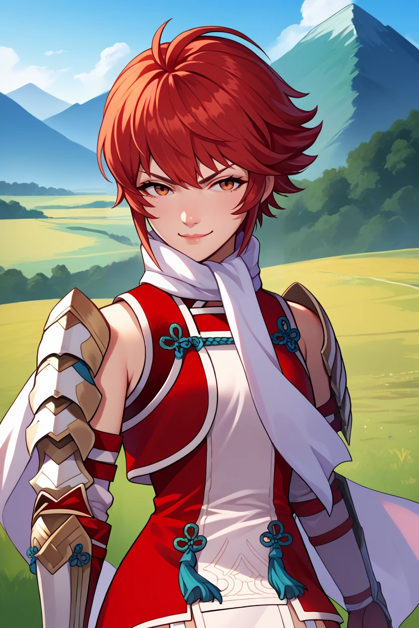 score_9, score_8_up, score_7_up, score_6_up, source_anime, 1girl, solo, <lora:fehinoka-pdxl-nvwls-v1-000006:1> hinoka, red hair, short hair, white scarf, red and white dress, shoulder armor, gauntlets, red gloves, garter straps, thigh boots, looking at you, smirk, blue sky, mountains, field, japanese architecture, upper body