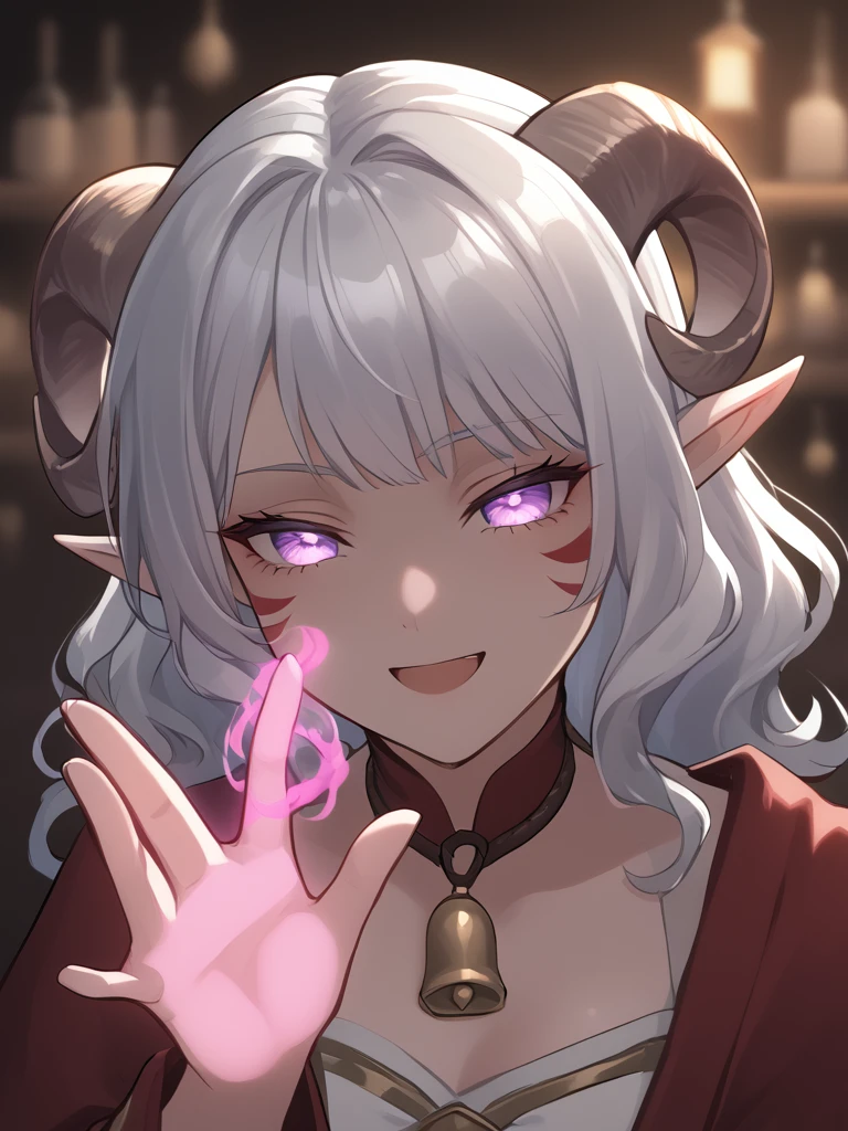 source_furry, score_7_up, rating_safe, cowboy shot, close up, source_anime, anime face, <lora:whisker_markings:0.8>red whisker_markings, silver long wavy hair, tavern, bell necklace, short pointy ears, purple eyes, <lora:age_slider_v4:0.6>
<lora:Tieflingnew weird fantasyDND:0.3><lora:Smooth Style 2 SDXL_LoRA_Pony Diffusion V6 XL:0.3> smile, open eyes, shadow, <lora:Test_Diana:0.6> tiefling_bard_diana, <lora:INKxXmo shaded face:1> Shaded Face,INKxXmo Dark Theme,outstretched hand:1.2, pink aura effect on hand, (magic aura on hand glowing pink: 1.21), palms, hand to viwer:1.4,