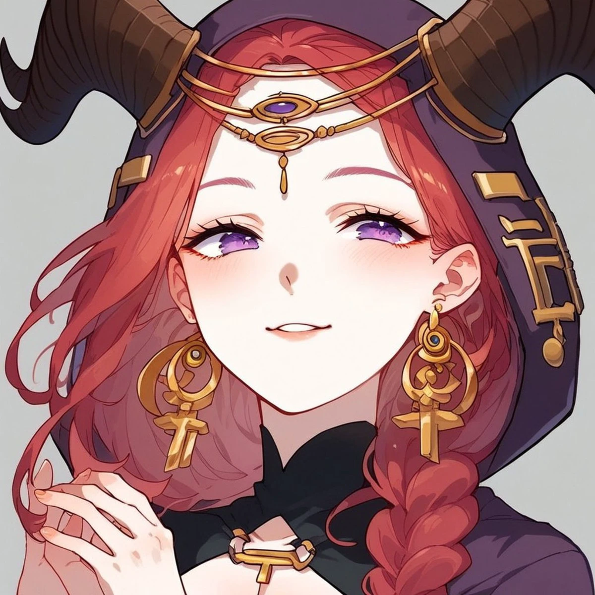 score_9, score_8_up, score_7_up, 1girl, solo, Tiefling, female, white skin, braid hair, long hair, pony tail, red hair, earings on ears, kind eyes, purple eyes, cross-shaped pupil, black dress, side slits, faint cleavage, brown horns, golden earrings, cute face, beautiful face, Upper angle, dutch angle, tavern background, smiling