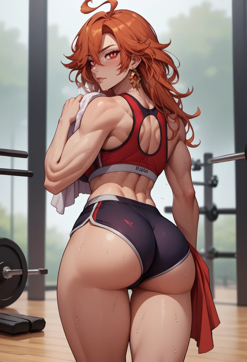 score_9, score_8_up, score_7_up, mavuika, symbol-shaped pupils, ahoge, red eyes, large breasts, earrings,  <lora:Mavuika_pdxl_Incrs_v1:1>, long hair, toned, sport bra, shorts, thighs, thigh gap, ass, sweat, gym, blurry background, twisted torso, hand up, rating_questionable,  hips, hand on own hip, holding towel,