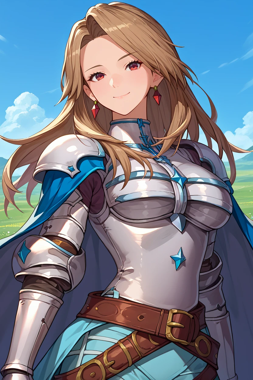 score_9, score_8_up, score_7_up, score_6_up, source_anime BREAK 1girl, solo   <lora:katalina-pdxl-nvwls-v1-000007:1> defKat, brown hair, long hair, earrings, armor, blue cape, belt, gauntlets, large breasts, smile, blue sky, field, looking at you