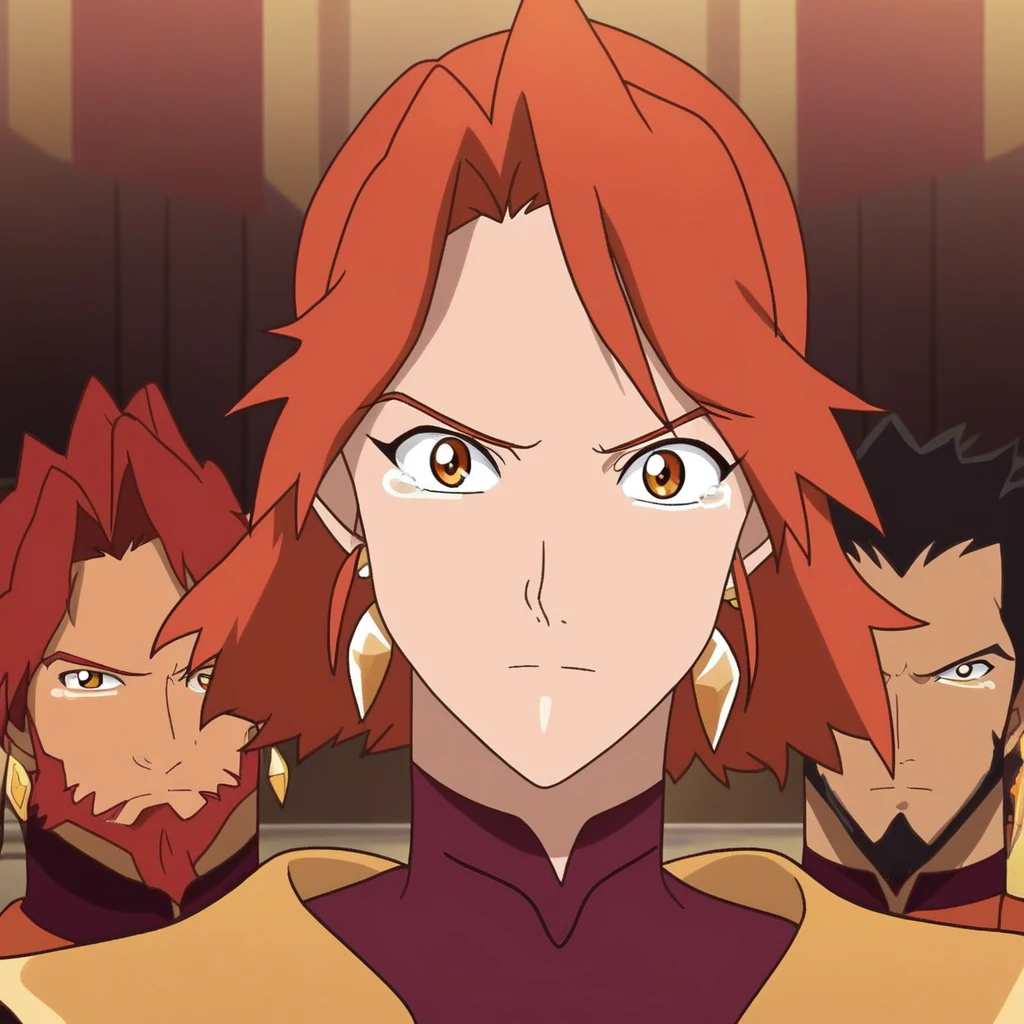 lina anime, lina anime \(dota 2\), 1girl, looking at viewer, short hair, black hair, jewelry, upper body, red hair, earrings, multiple boys, indoors, tears, facial hair, beard, tearing up