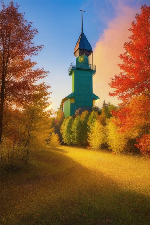 Big forest with yellow, green and red leaves at sunset, a small town with a church and a radio tower in the background, fantasy, professional canvas, triadic colors, deep color, volumetric lighting, shading with dark edges, richly detailed, matte background, style octane render.