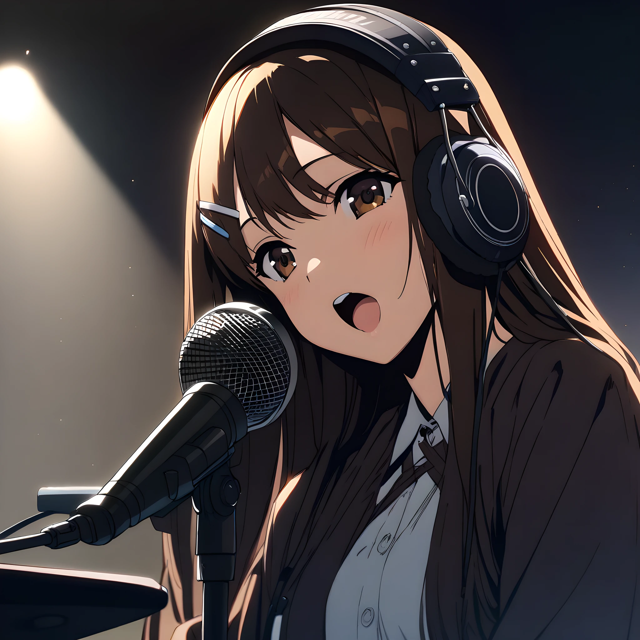 (masterpiece),(best quality),(ultra-detailed),(best illustration),(best shadow),(absurdres),(detailed background),(very aesthetic),  yuki_morikawa, 1girl, solo, brown hair, headphones, microphone, long hair, brown eyes, hairclip, hair ornament, open mouth, microphone stand <lora:XL-YukiMorikawa:1>